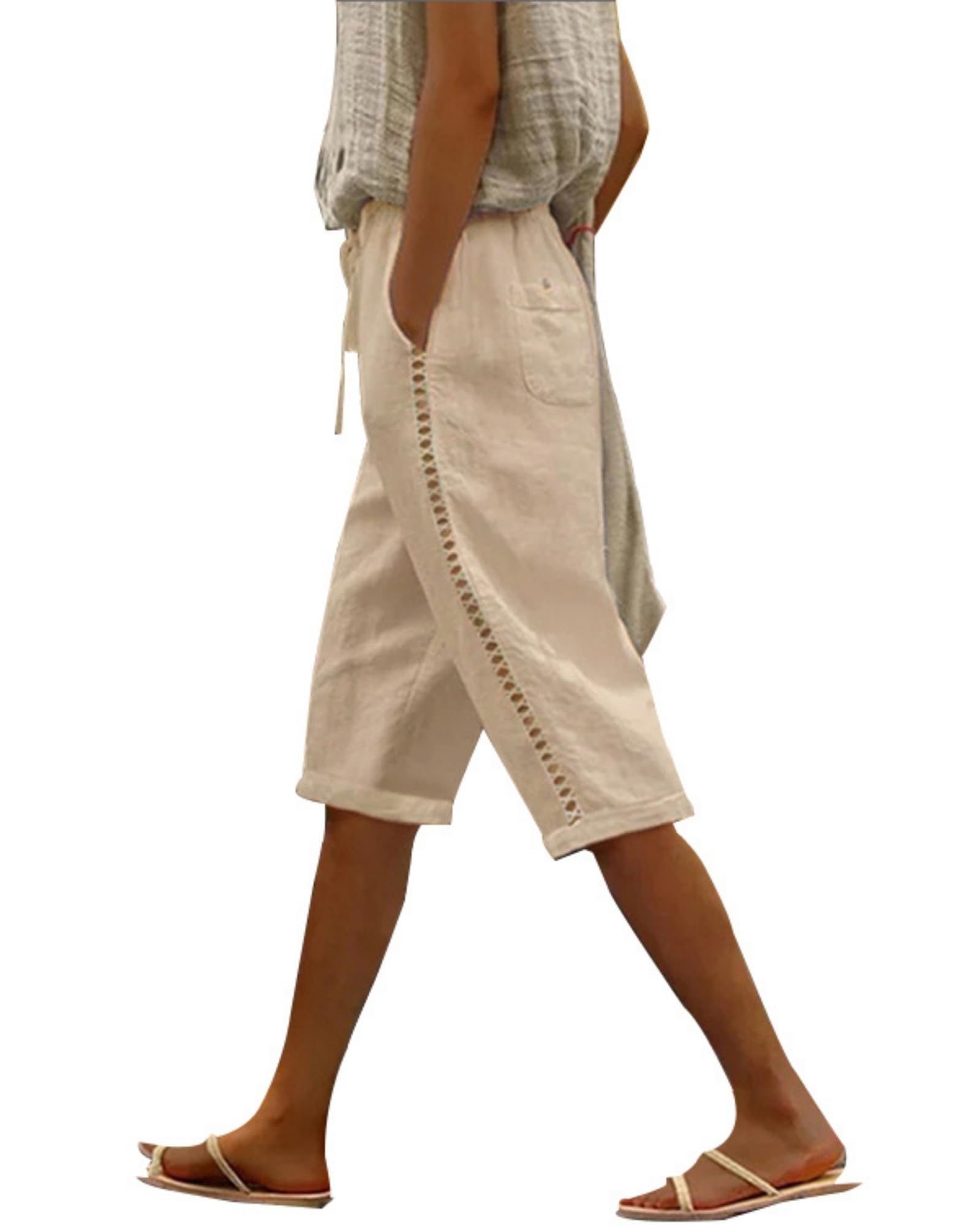 QANSI Women's Cotton Linen Shorts 2025 Casual Loose Knee Length Beach Pants Summer Drawstring Bermuda Shorts with Pockets