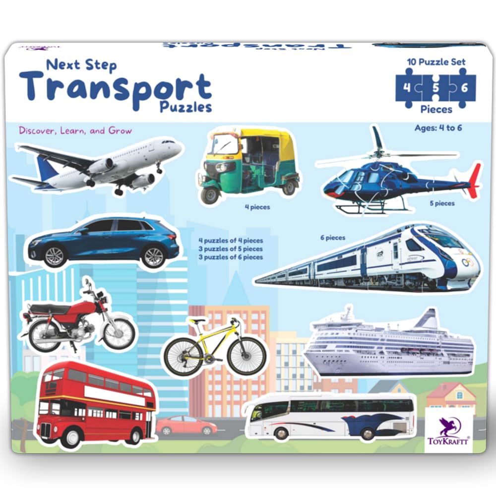 TOYKRAFTT Next Step Transport Puzzles for Kids Ages 3-5 Years | 4, 5 & 6 Piece Vehicle Jigsaw Set (Car, Bus & Aeroplane) - Educational Montessori Gift