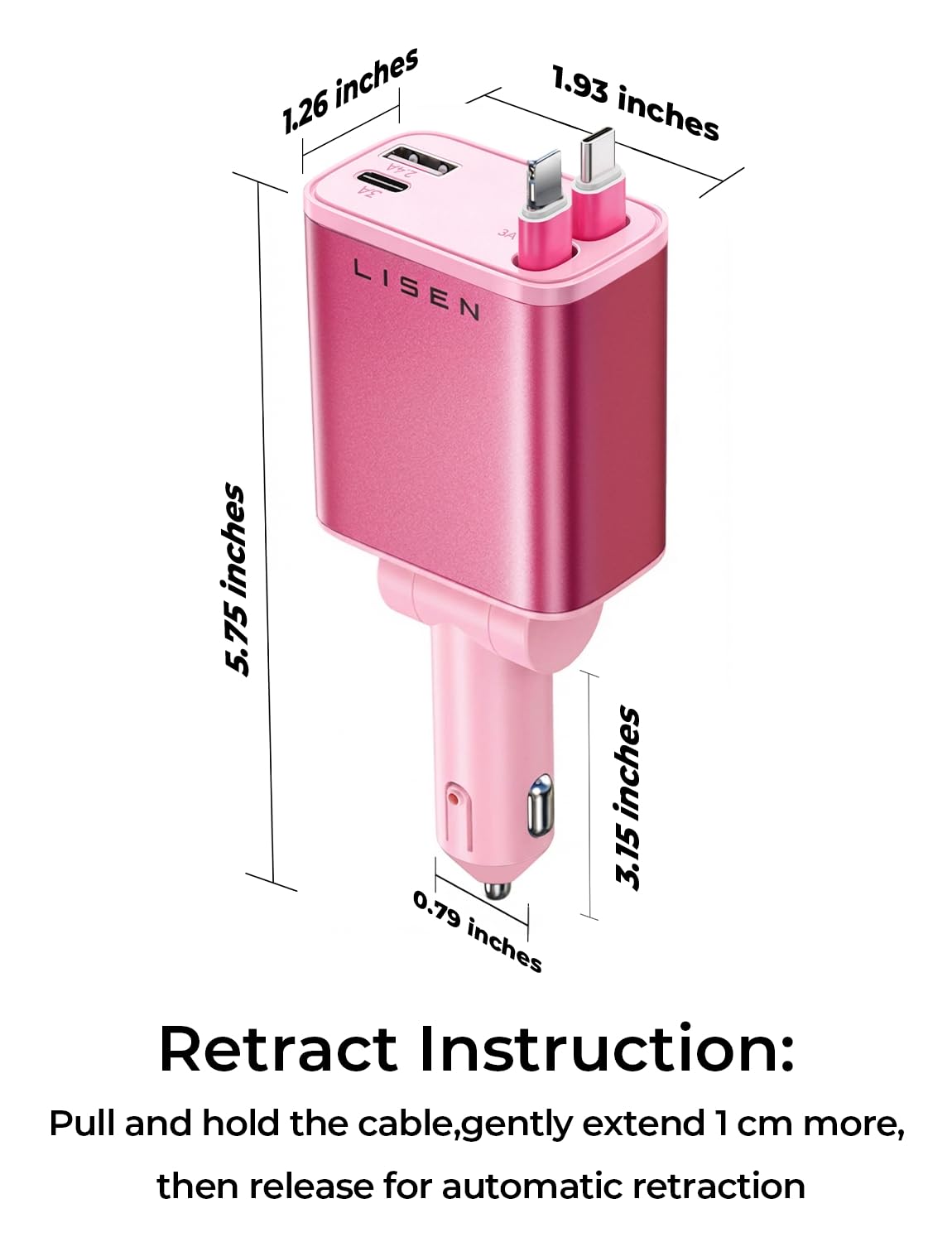 LISEN Retractable Car Charger, Pink-White view 8