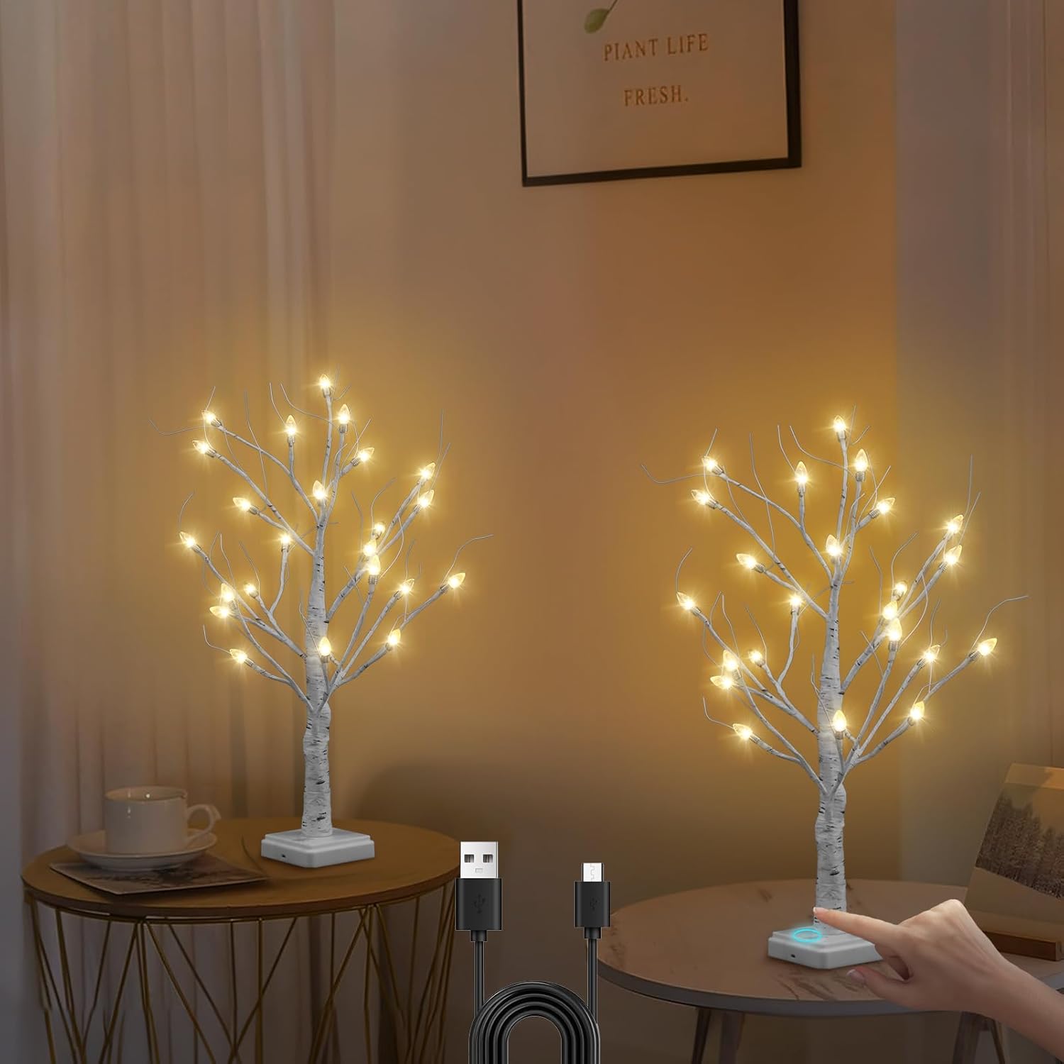 Anycosy Set of 2 Tabletop Birch Christmas Tree, 2Ft 24 LED Warm White Lights Lighted Birch Tree, Battery/USB Operated Artificial Tree Lamp for Indoor Christmas Decorations Mantel Home Decor