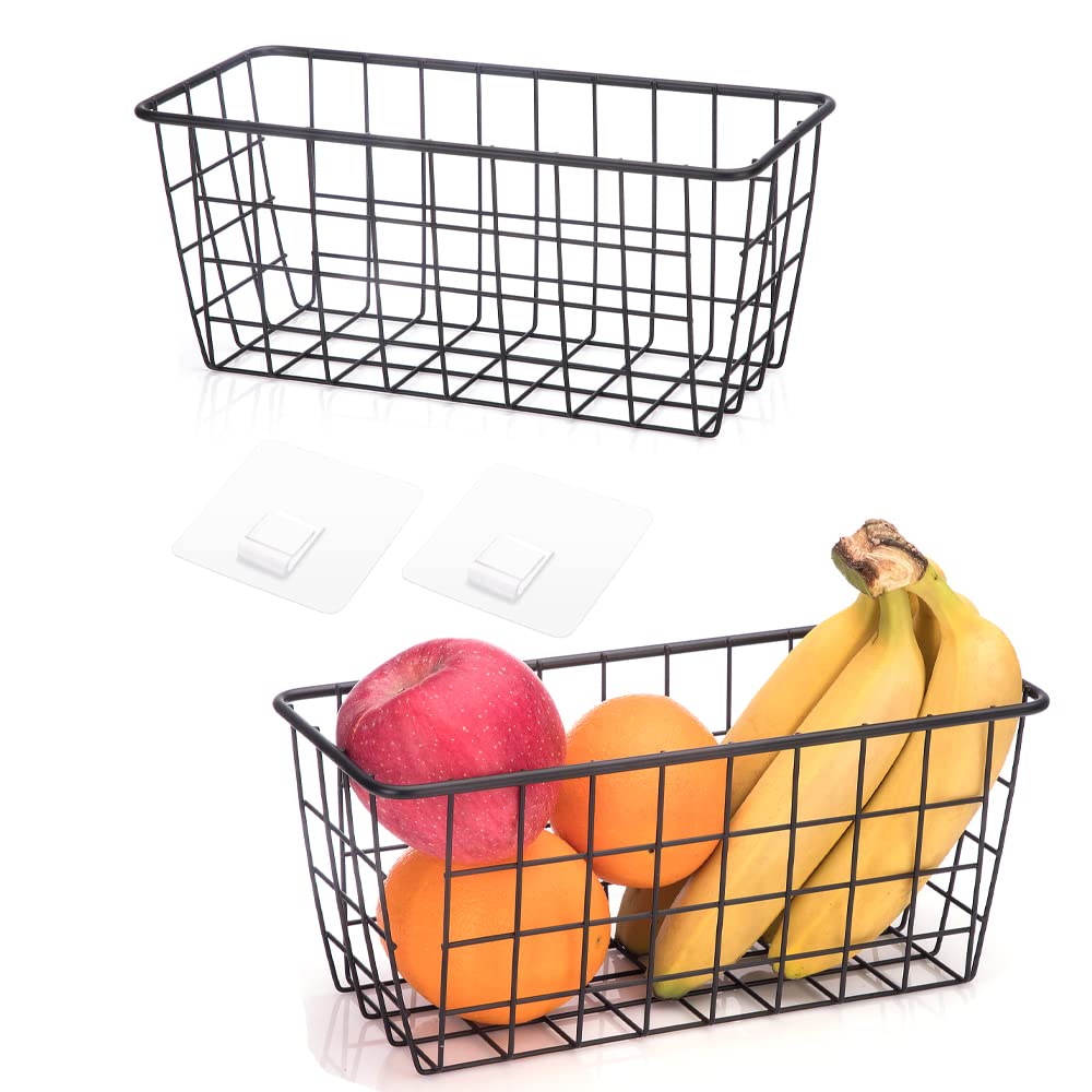 HDYOUDO Metal Wire Food Storage Basket Organizer with Wooden Handles for Organizing Kitchen Cabinets, 2 Packs-Black-Small