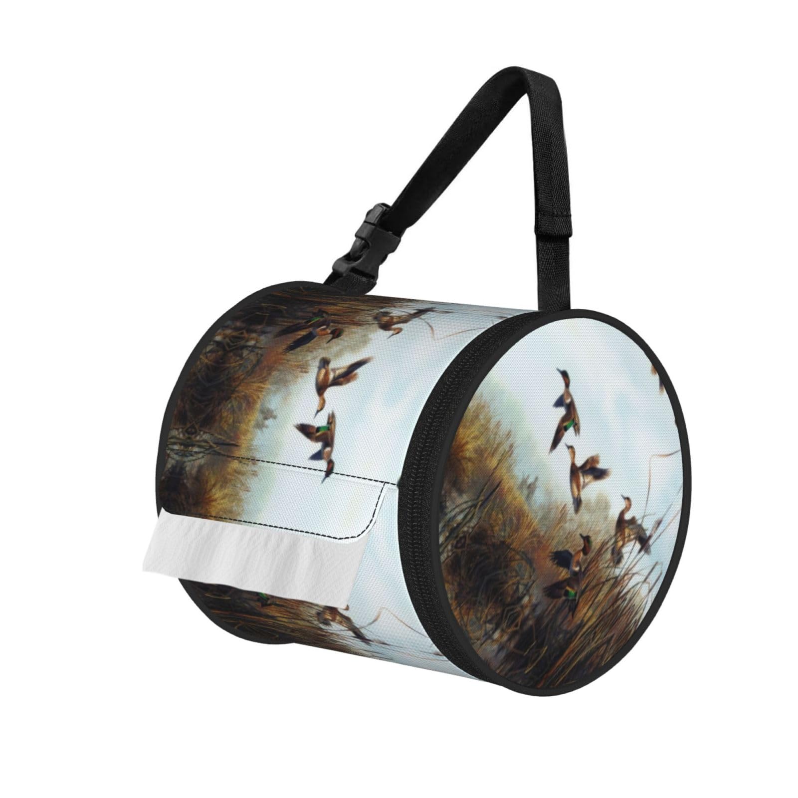 Hunting Flying Wild Printed Hanging Tissue Organizer, Smooth Zipper Oxford Cloth Roll Holder for RV Bathroom Desk