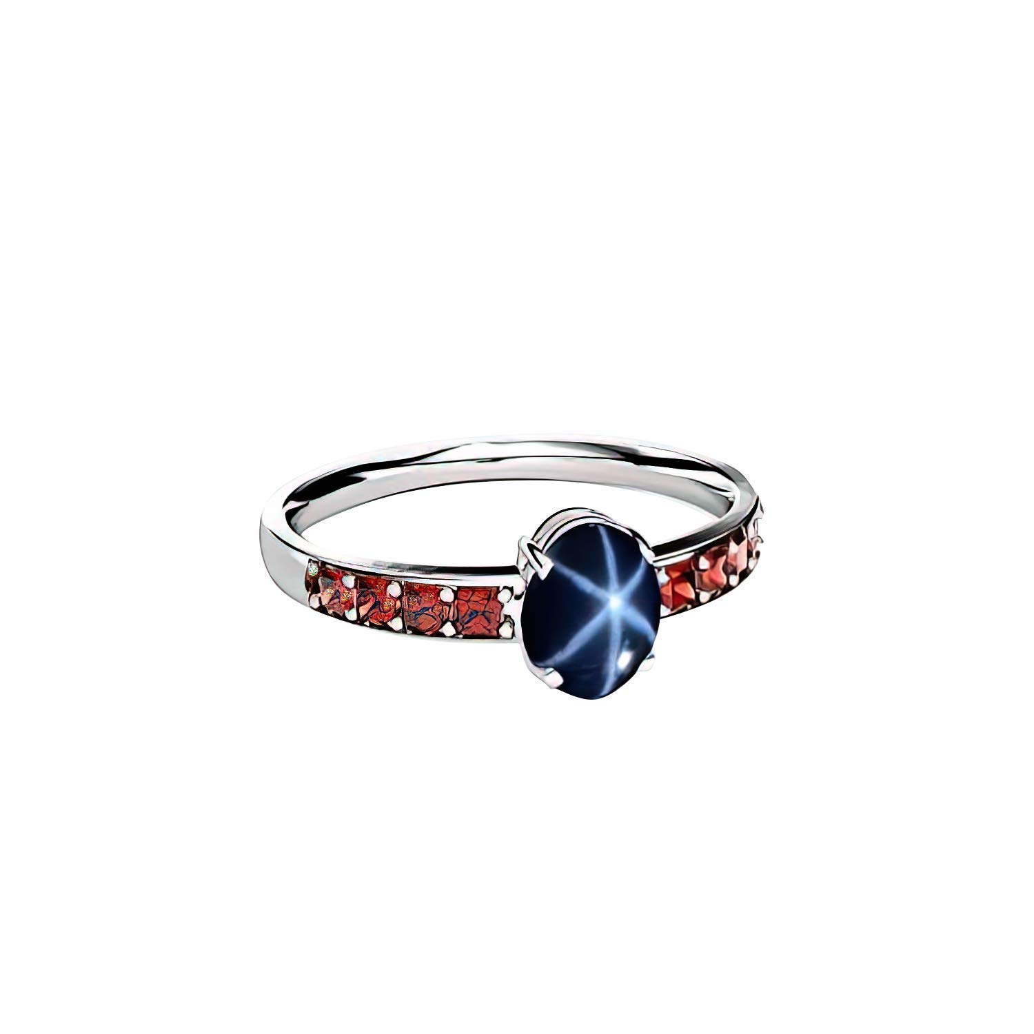 Genuine Blue Star Sapphire and Natural Garnets Sterling Silver 925 Ring/Oval-Shaped