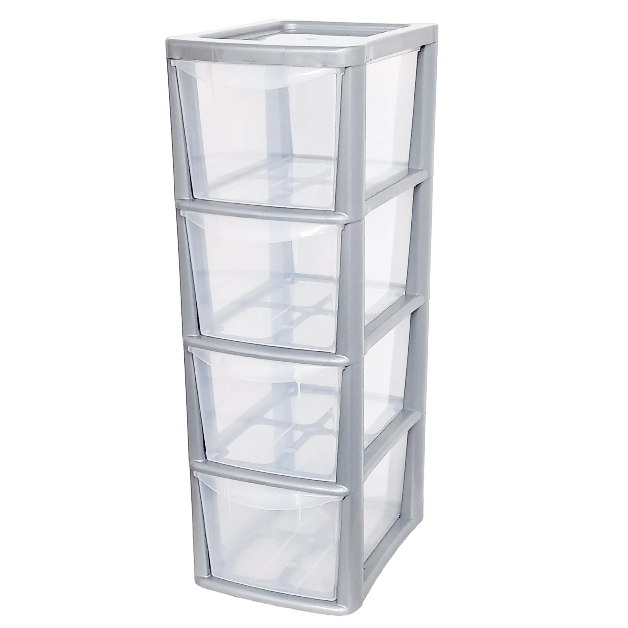 SIDSONS 4 Drawer Plastic Storage Organizer tower unit A5 Storage Drawers Desktop Table Small Chest of Drawer Bedroom Cosmetics Stationary Organizer Silver/Clear Height 62cm, Width 19cm, Depth 25cm