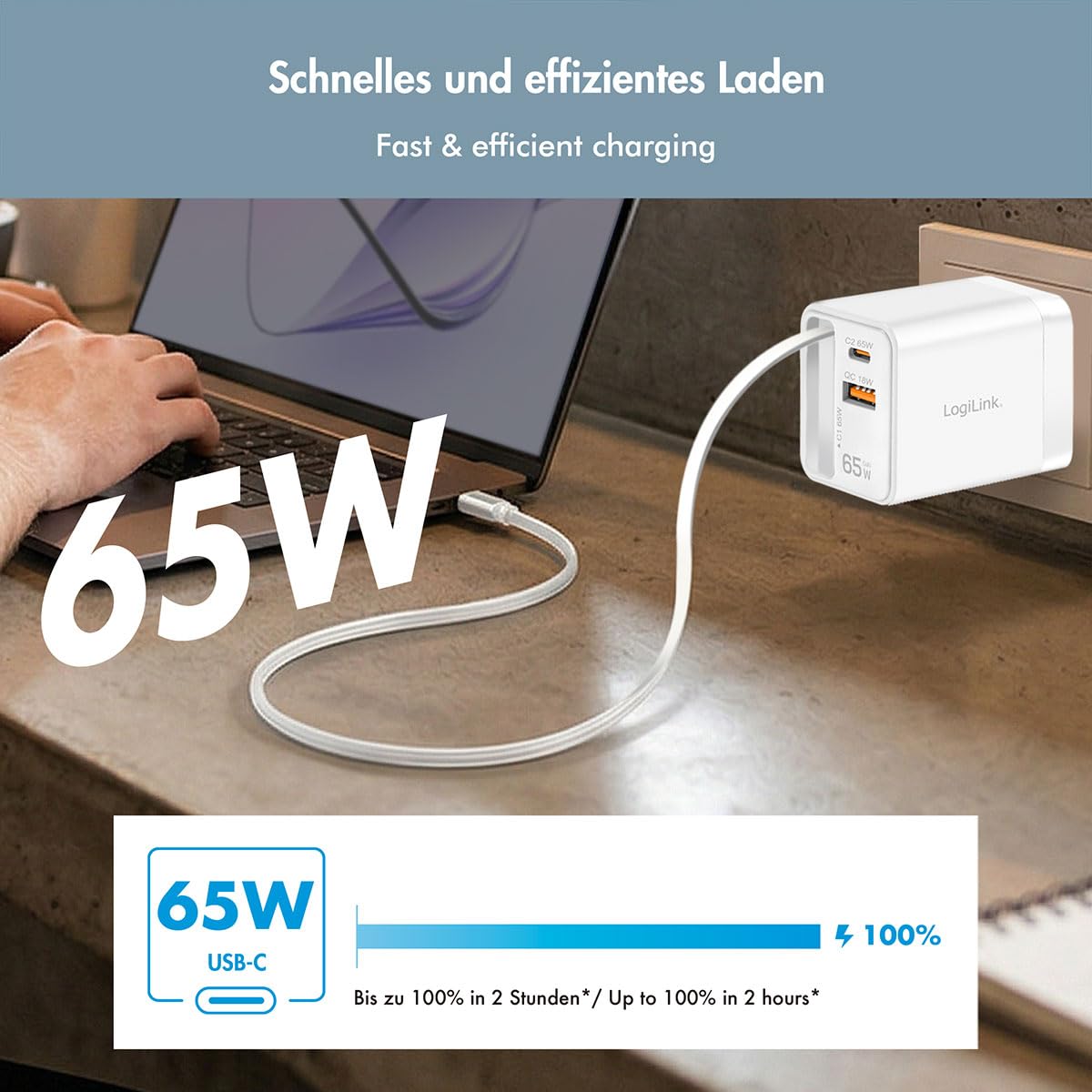 LogiLink GaN - Caricabatterie da 65 W, Quickcharge (QC), PowerDelivery (PD), sovracorrente, surriscaldamento, sovraccarico, sovratensione, sovraccarico e cortocircuito