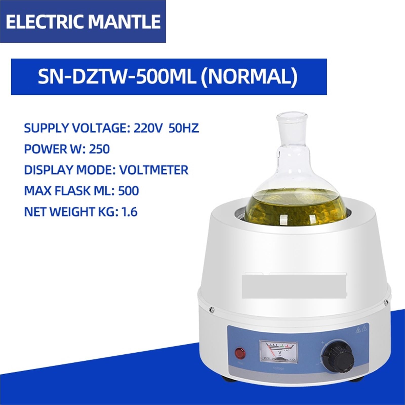 Vaso de laboratorio de 3 l con manguito calefactor y placa calefactora con agitador magnético, temperatura constante ajustable. Instrumento de medición(500ML)