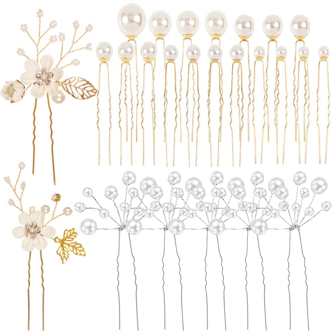 Paquete de 25 horquillas para el pelo de novia con perlas de hoja de flores, 3 estilos para el cabello en forma de U, accesorios de cristal de diamantes de imitación, tocados en espiral para mujeres