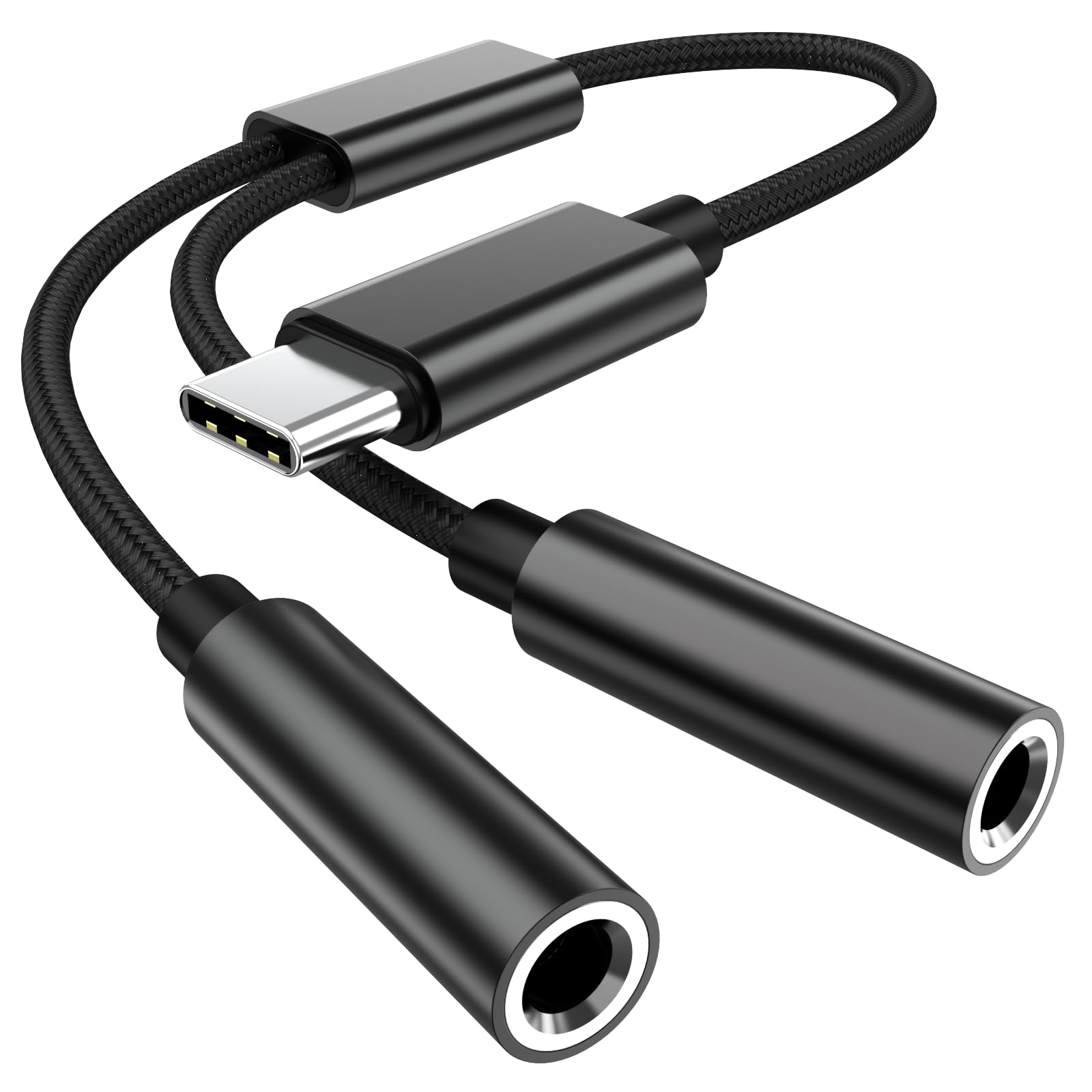 Kopfhöreradapter Typ C auf Dual 3,5 mm Buchse, USB C auf Dual Buchse Aux Y-Buchse, Kopfhörer-Splitter, Aux auf USB C für Galaxy S24/23 Ultra, Pixel 7 6, iPad Pro, iPhone 15 Pro Max/Plus, Schwarz