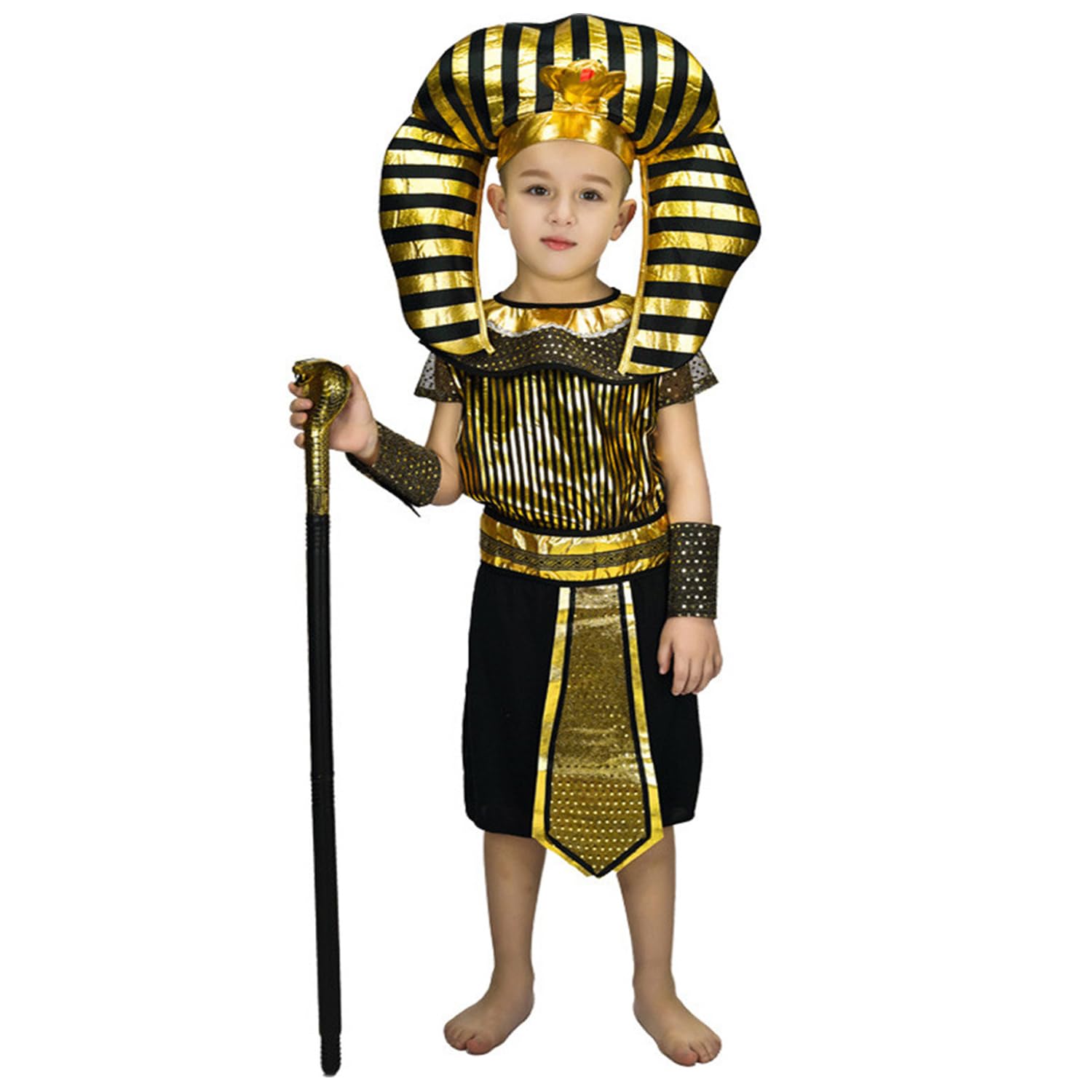 RicjurzztyKids Egyptian Pharaoh Costume - Gold and Black Pharaoh outfit and Pharaoh Snake Scepter Halloween Cosplay Costume Robe Role Play Dress up with Accessories for Boys kids