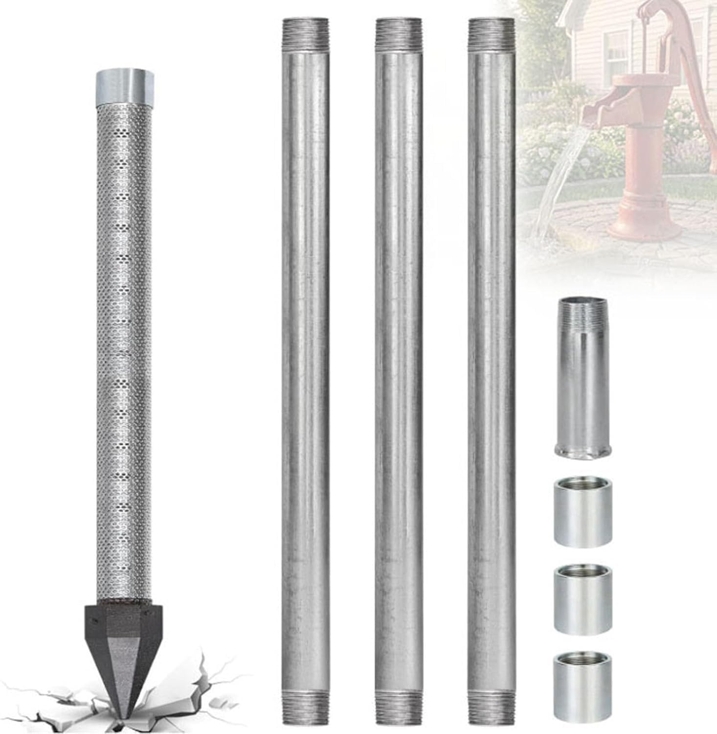 Sand Point Well Kit, 1-1/4" Stainless Steel Drive Point with 60 Gauge Mesh Screen, 36-Inch Heavy Duty Shallow Well Drilling, Galvanized Pipes and Drive Coupling(3+1kit)