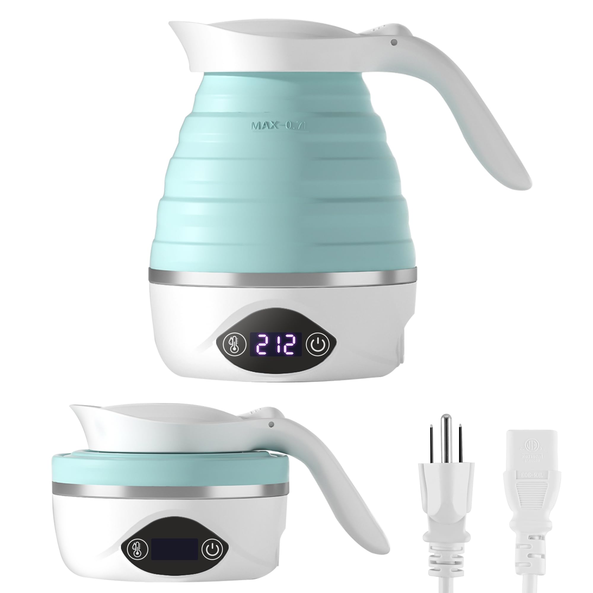 aucoo - portable folding electric travel kettle foldable boiling water suitable for 110v 220v dual voltage tea coffee 850w small mini silicone bpa free blue