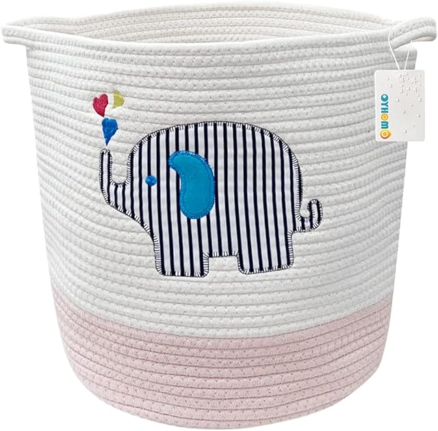 OYHOMO Large Cotton Rope Basket Baby Toy Basket Elephant Laundry Basket Nursery Storage Bin Woven Blanket Basket Home Decor Gift, Pink