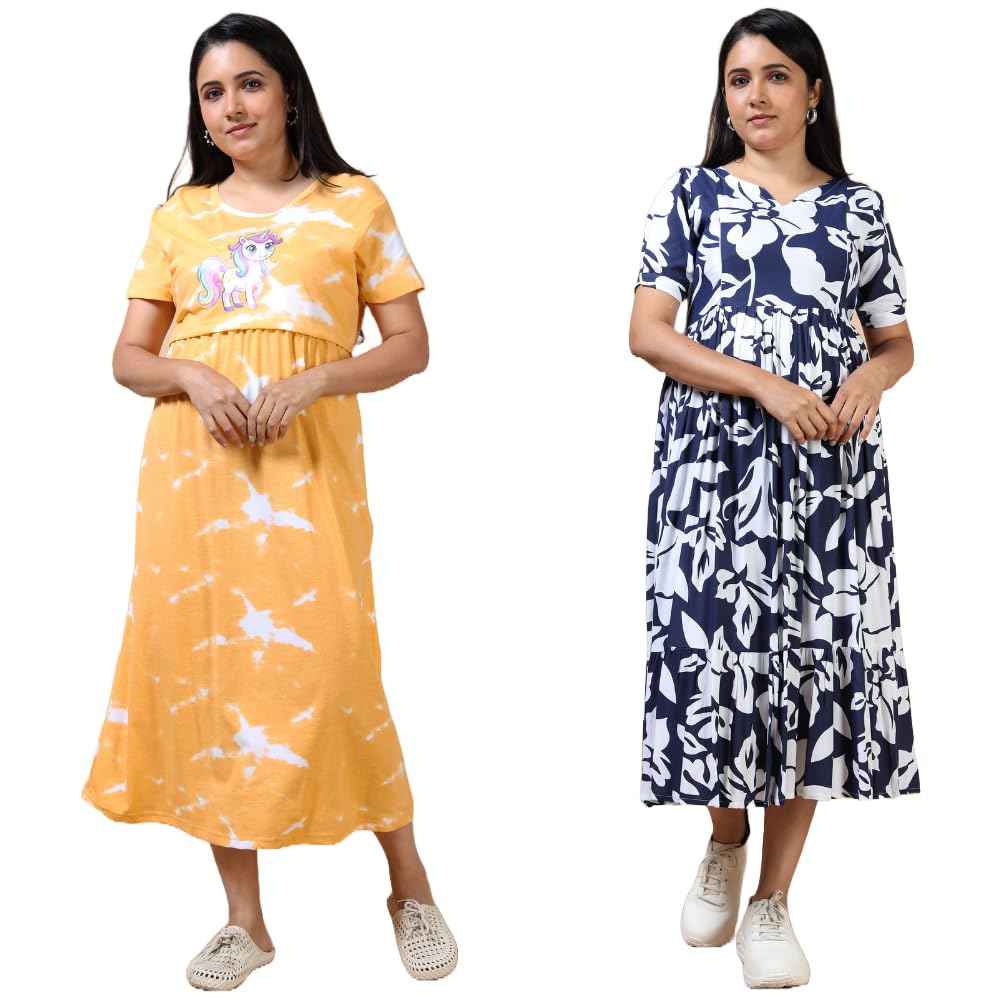 Mayaval Maternity Wear & Maternity Kurti Combo – Yellow Tie-Dye Unicorn Print Feeding Nighty + Navy-White Floral Nursing Kurti-image-24