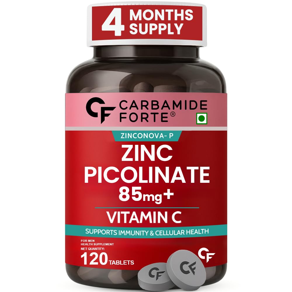 Carbamide Forte Zinc Picolinate with Vitamin C | Zinc Supplements for Men with 100% RDA Zinc | Immunity & Cellular Health Support – 120 Tablets