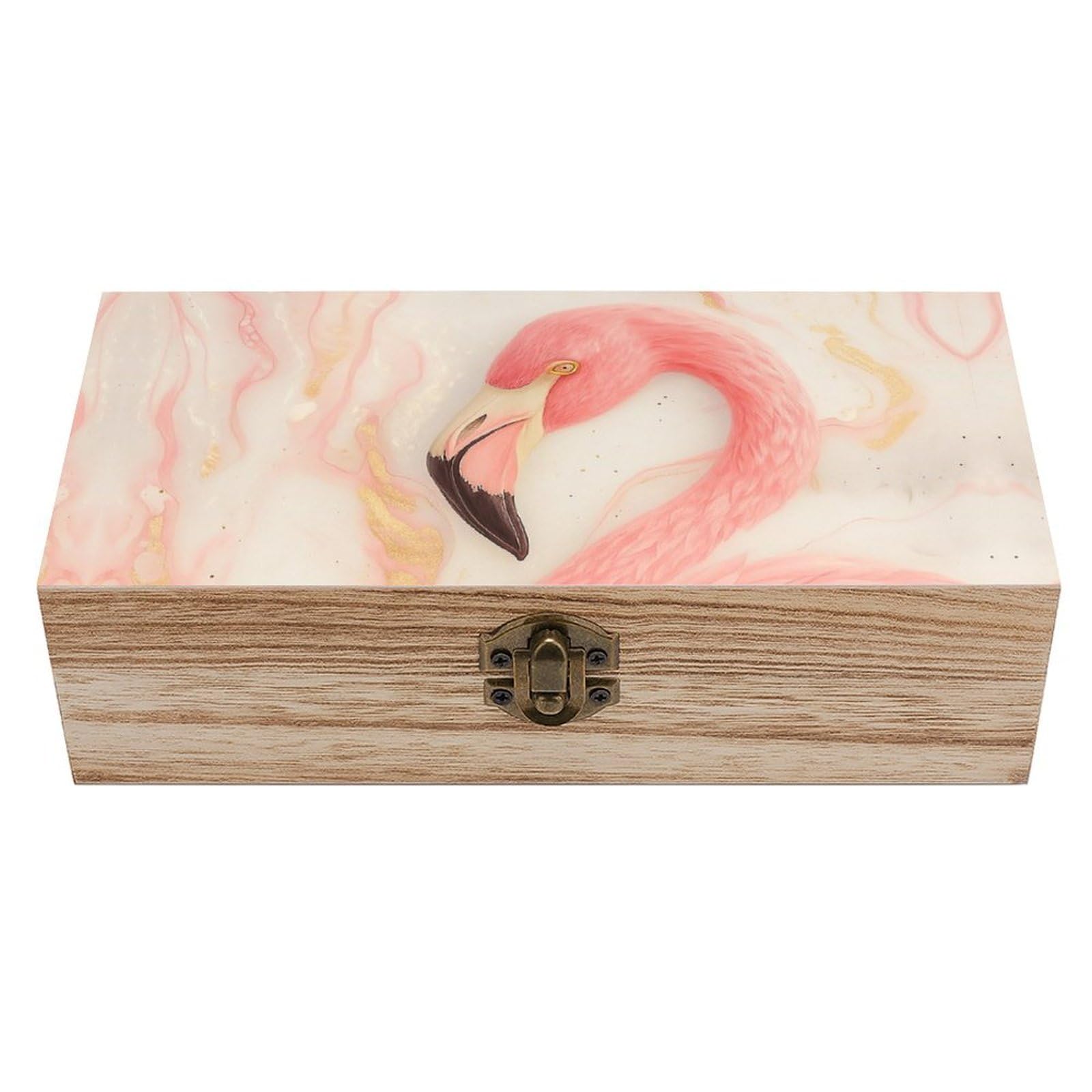 SMAZDFXX Pink Gold Marble Flamingo Wooden Storage Box Multipurpose Decorative Box for Jewelry Photo Home Decor