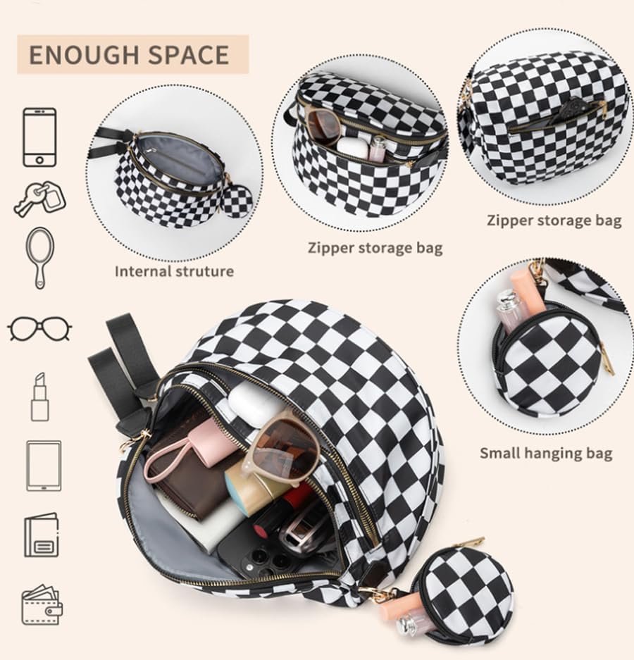 Checkered Crossbody Bag with Removable Wallets,Nylon Bum Bags,Spacious Sling Bag Purse Fanny Packs with Shoulder Strap - Image 6
