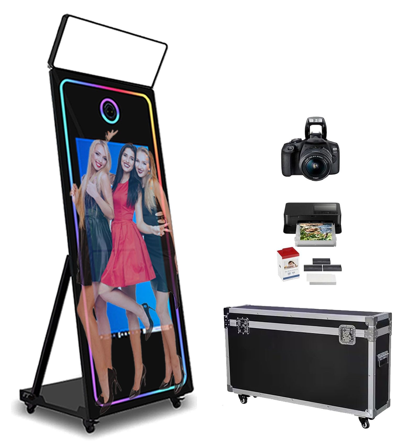 Magic Mirror Photo Booth 109.2 cm ekran dotykowy, aparat do fotobudki DSLR z kwadratowym światłem do selfie, ramka RGB, wbudowany mini PC, natychmiastowy druk na imprezy weselne (109 cm kompletny