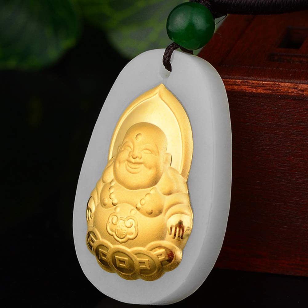 EASTCODE Natural White Hetian Jade 18K Solid Gold Inlaid Carved Buddha Lucky Amulet Pendant + Rope Necklace Jewelry