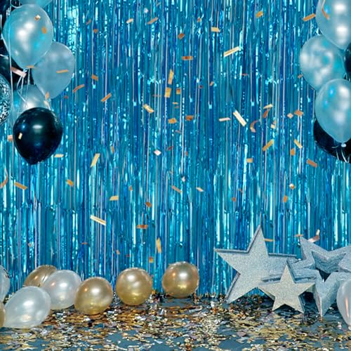 Image of DECOCKRAT 3 Pack Foil Fringe Backdrop - Blue Shiny Tinsel Curtains for Party Decoration /Photo Booth Props - 3.3x8.2 FT Metallic Foil Backdrop for Birthday, Wedding, Graduation, Christmas.