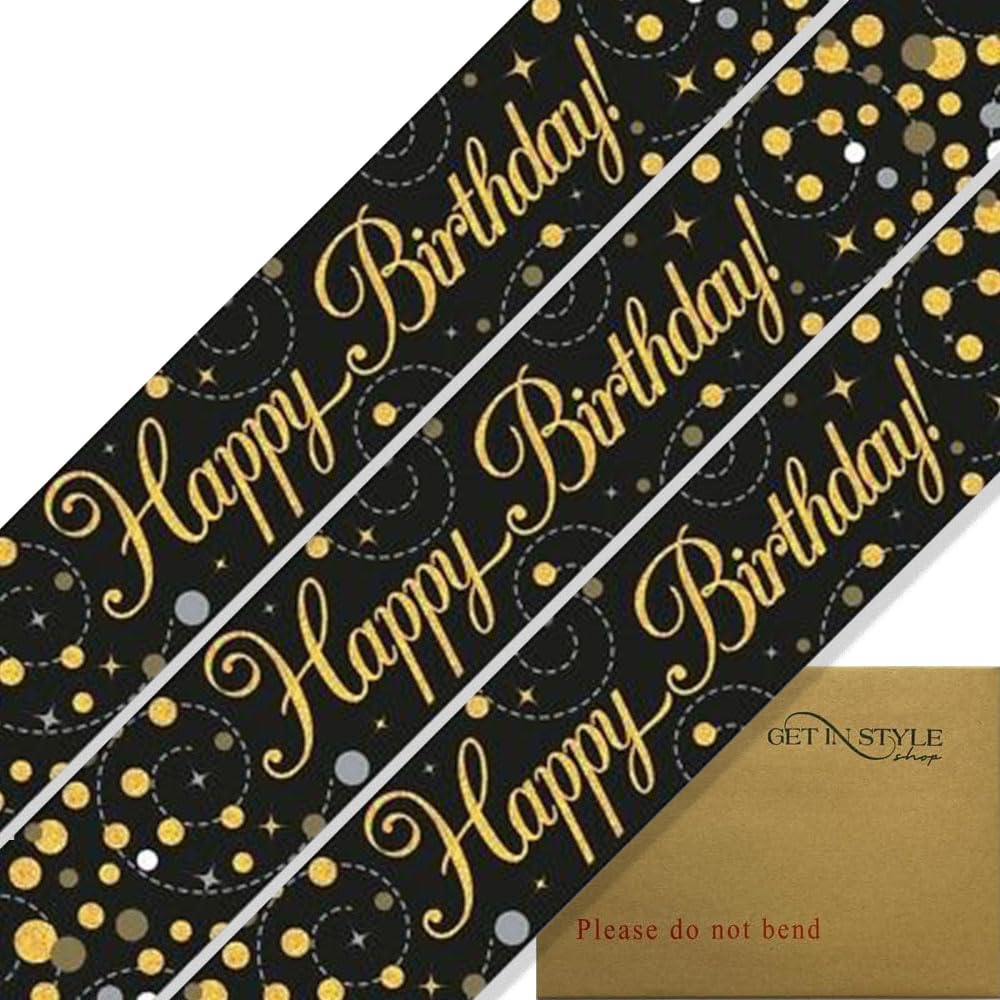 9ft Banner Sparkling Fizz Happy Birthday Black & Gold Holographic Foil Pennant, for Party Decoration (274cm)