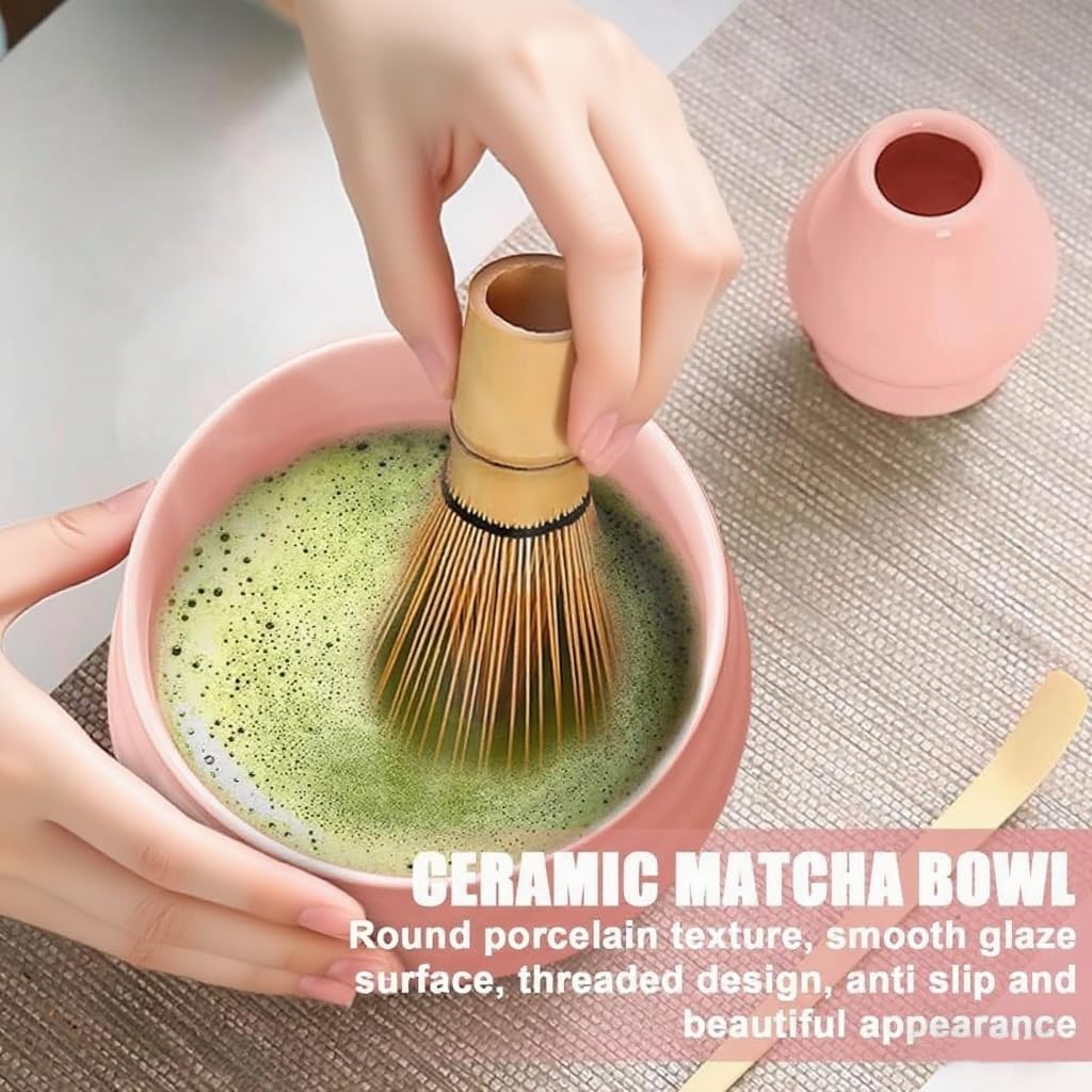 5 szt. Japoński zestaw ceremonii matcha, zestaw matcha różowy, bambusowy mikser matcha, miska matcha, łyżka, sitko, uchwyt na mikser