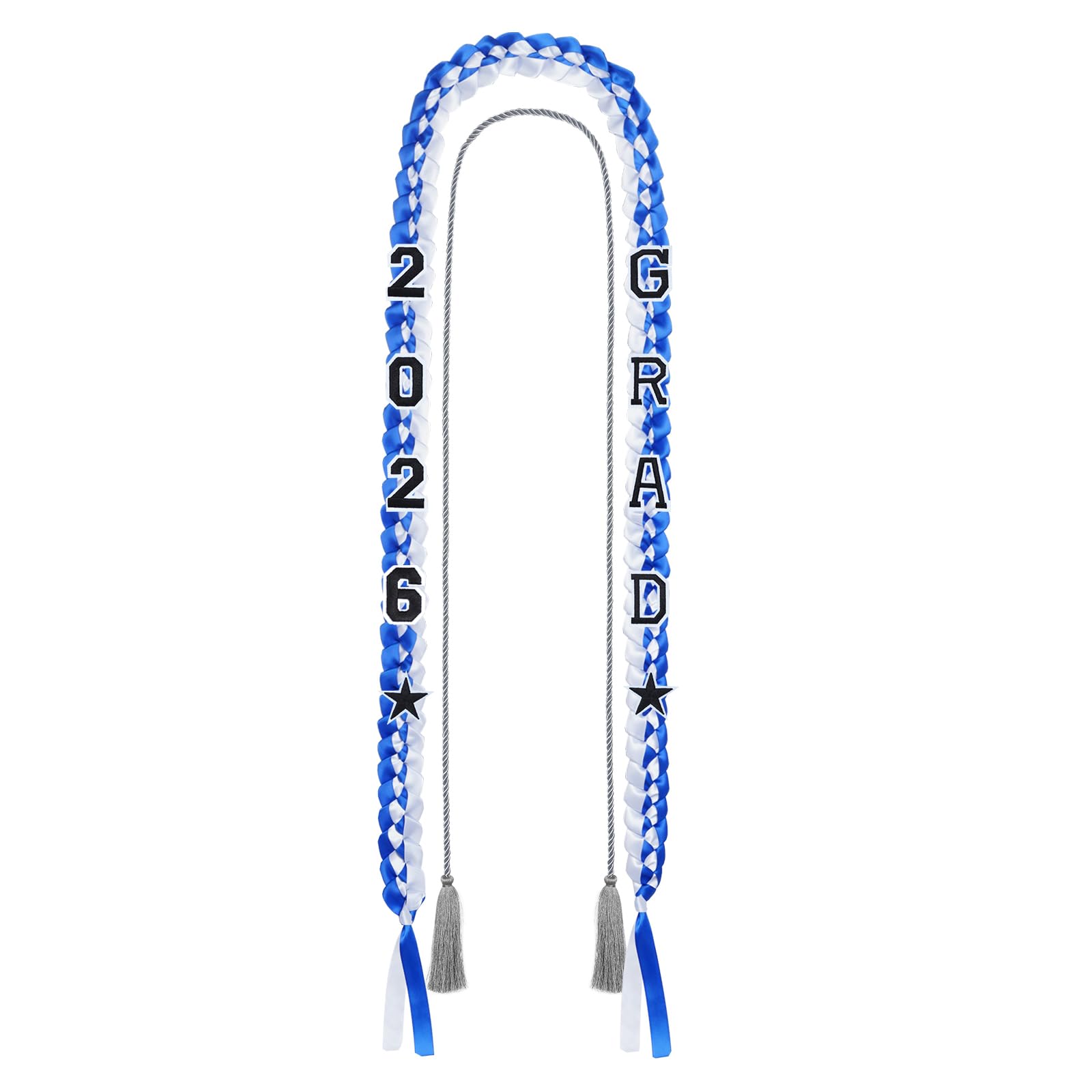 Photo 1 of 2026 Grad Graduation Ribbon Lei Braided Necklace Graduation Gift with Tassel 2026 Grad Embroidery Patches for School College Bachelor Master Doctor Graduation Party (Blue White)