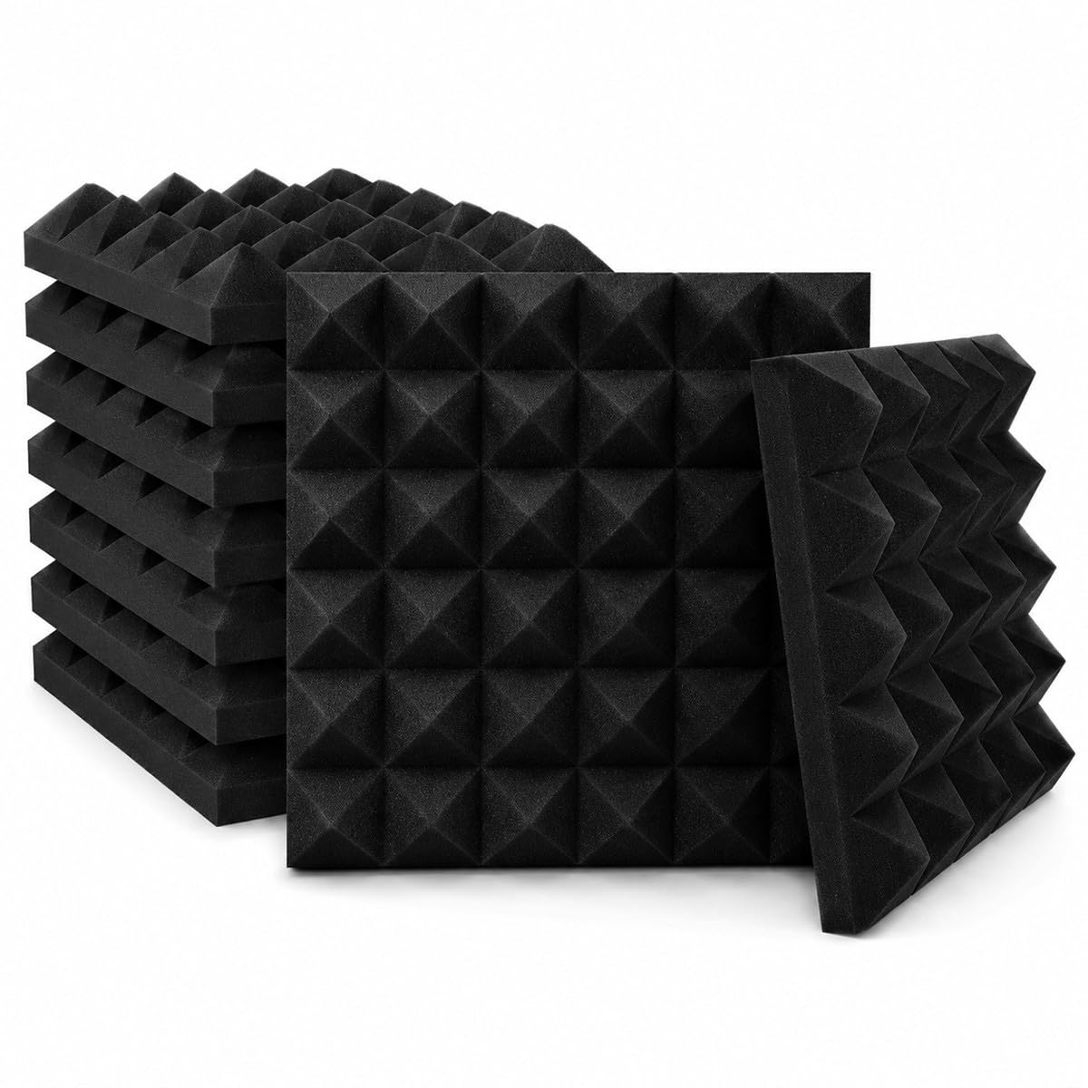 Pannelli Fonoassorbenti Piramidali 50×50×8 cm – Set da 10 Pannelli Autoadesivi per Riduzione Rumore, Comfort Acustico Casa, Gaming Room, Home Studio, Sala Podcast – Nero Rivestito