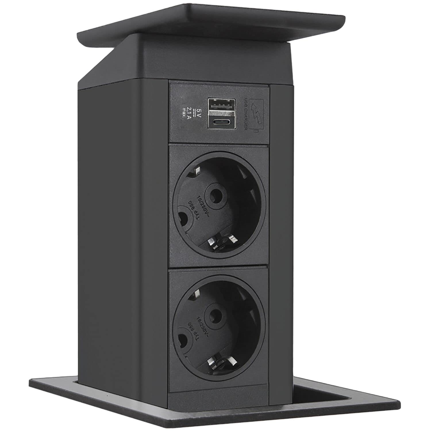 EVOline 159311010800 Porta Push nero 2 X Charger Coperchio basculante in acciaio inox, 2x Schuko, USB-A, USB-C, Edelstahl