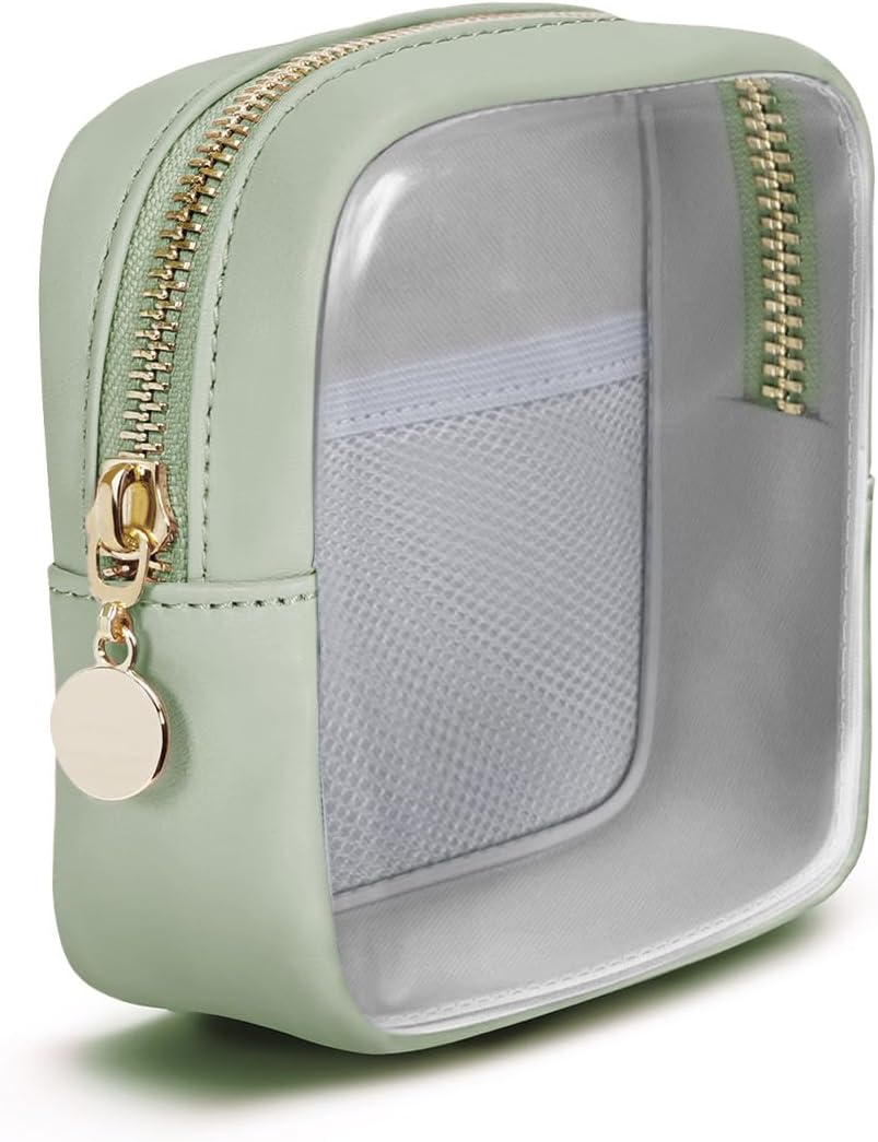 Clear Makeup Bag for Handbag, Mini Make Up Bag for Purse, Small Makeup Pouch for Women, Small Cosmetic Bag with Slip-in Pockets Eco Vegan Leather, Green (Patent Pending)