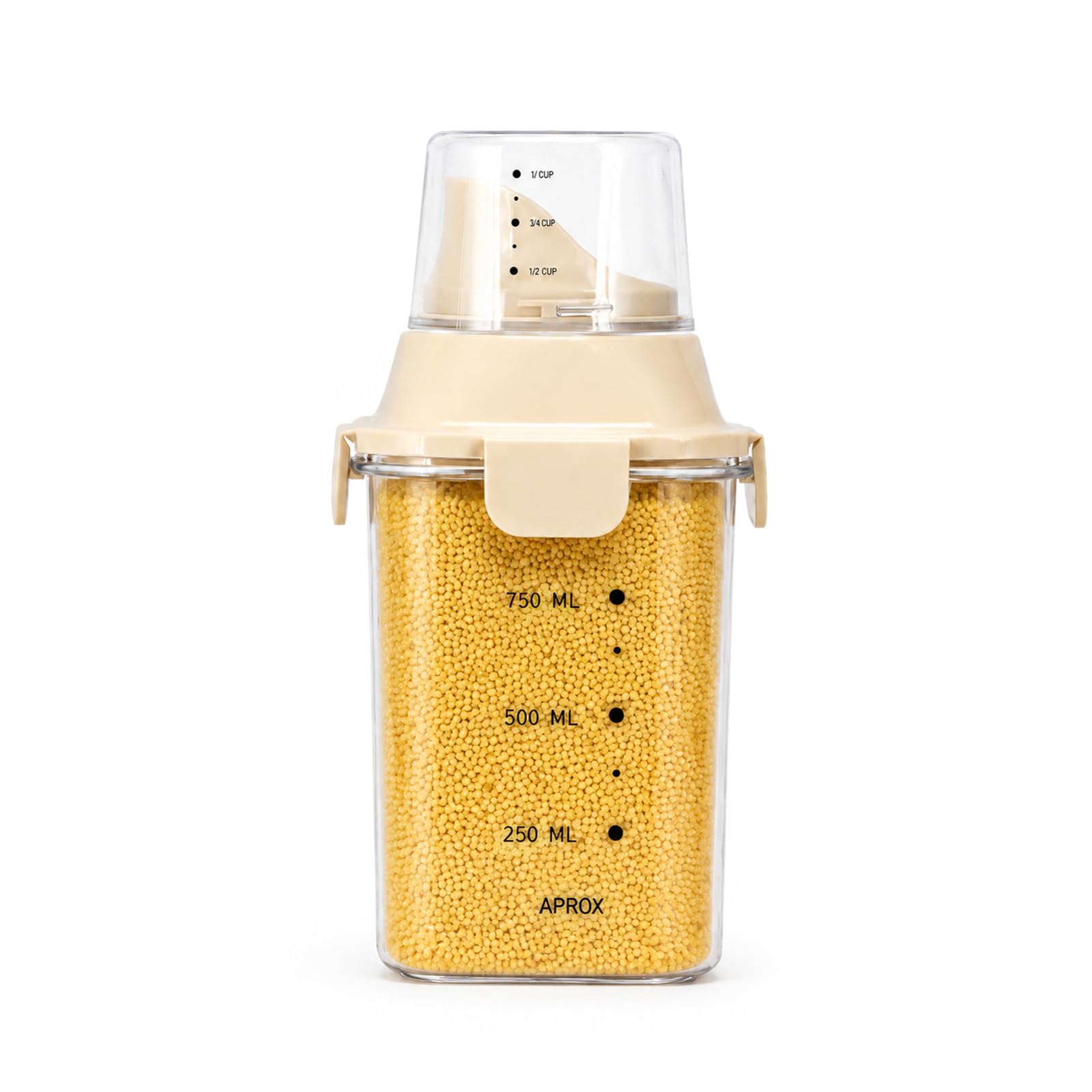 BLOMZA Cereal Dispenser Airtight Cereal Storage Containers with Pour Spout & Measuring Cup Lid Clear Plastic Kitchen Canisters for Rice Flour Grains Pasta Pantry Organization 750ML
