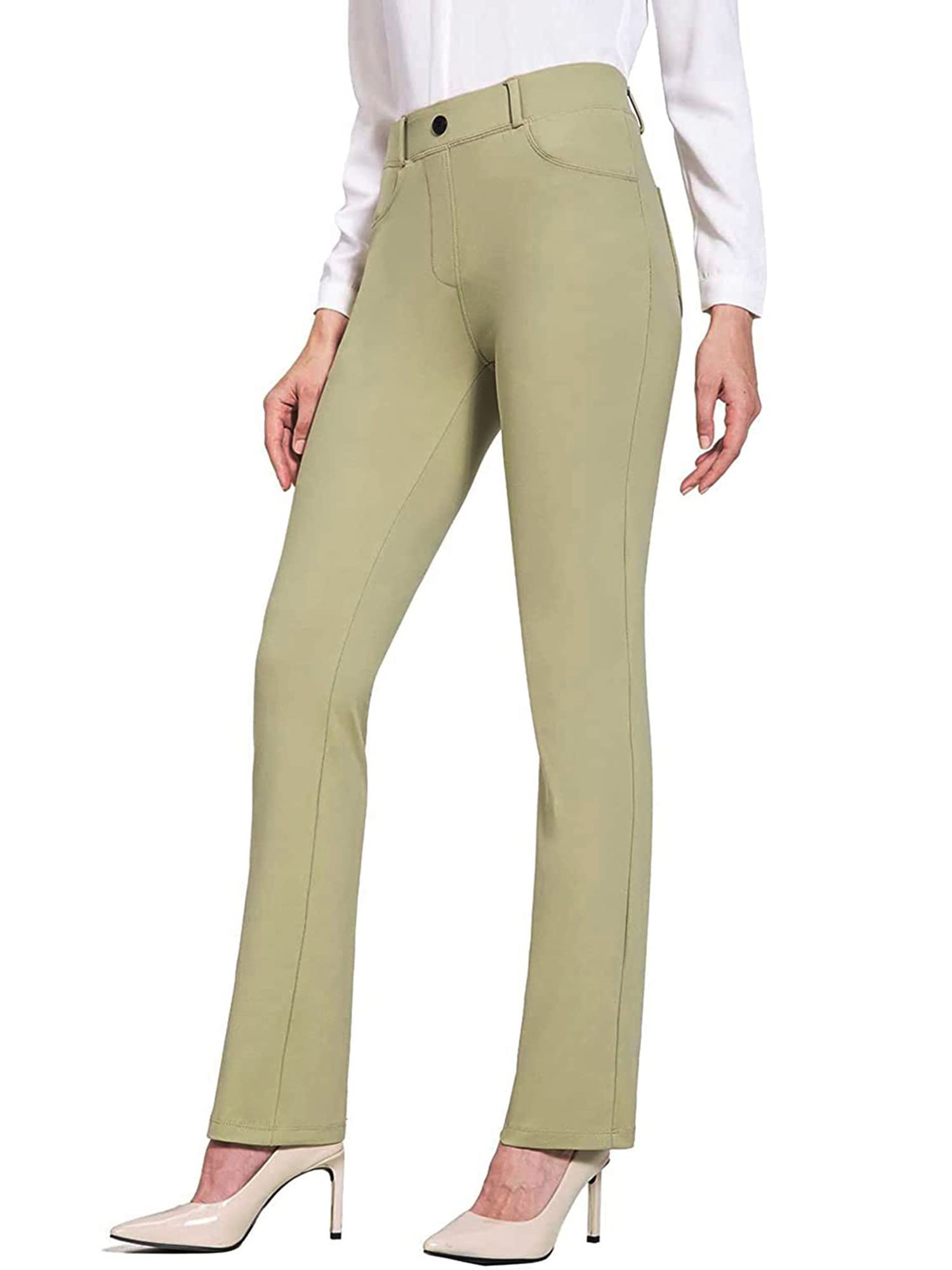 Owls-Yard Womens Pants Solid Color High Waist Elastic Flared Trousers with Pockets for Party Dating A-Khaki Green Small