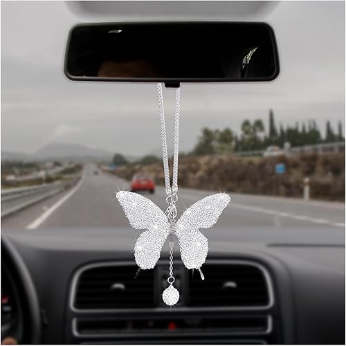 Dickno Accesorios de automóvil con diseño de mariposa brillante para mujer, colgante de adorno de espejo retrovisor de automóvil, regalo del día de