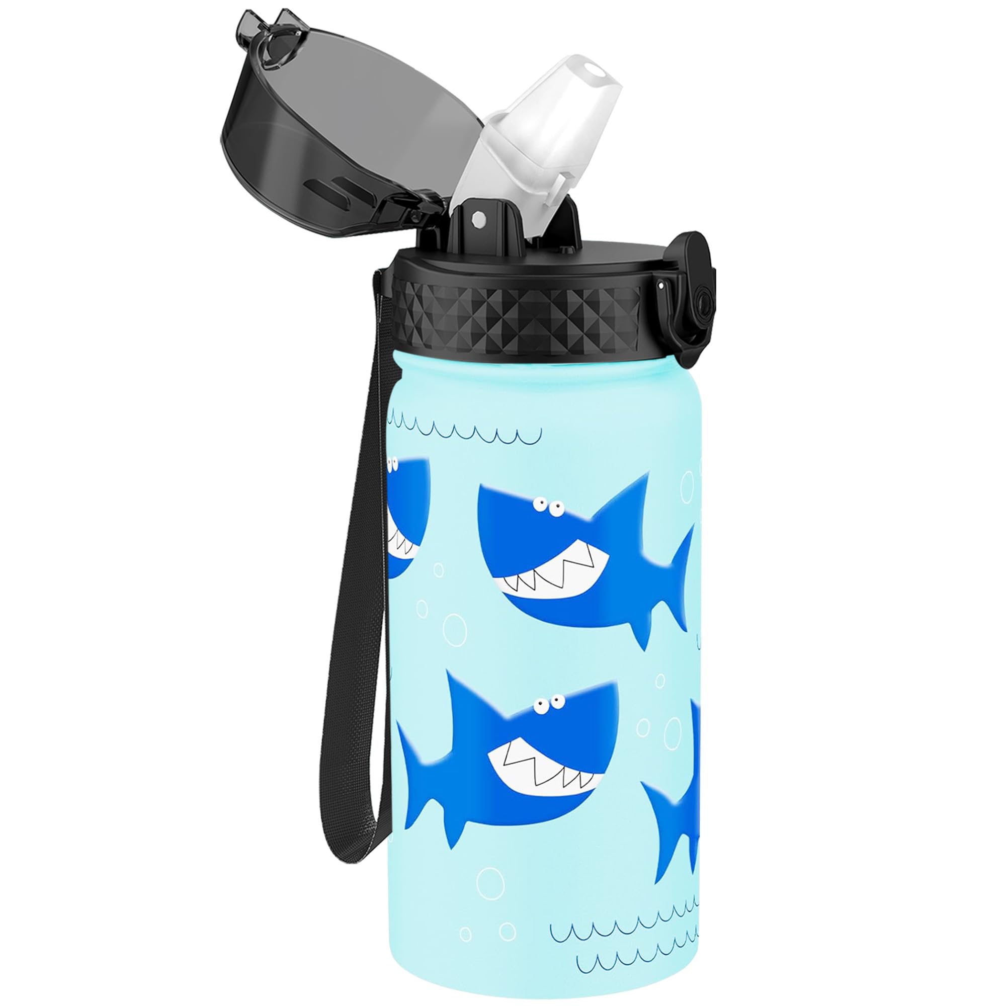 Kids Water Bottle (Straw Lid) - 14 Oz Stainless Steel Travel Bottle, Double Wall Vacuum Leak Proof Kids Cup for School Boys Girls,Iron Shark