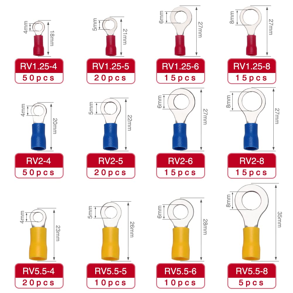 YIXISI 245 Pieza Ring Conectores Eléctricos, Insulated Wire Conector Crimp Terminal, Terminales de Crimpado