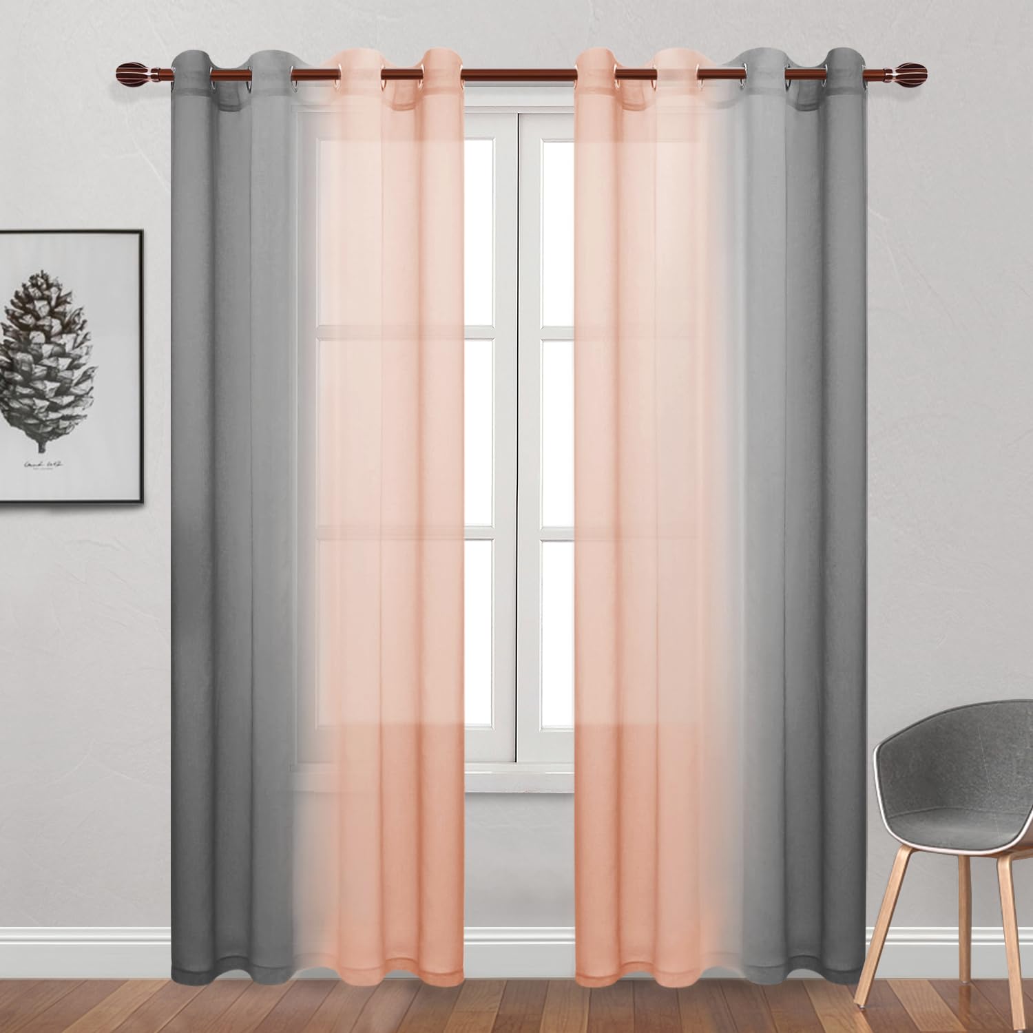 DWCN Ombre Sheer Curtains - Faux Linen Semi Voile Grommet Top Gradient Curtains for Bedroom and Living Room, Set of 2 Window Curtain Panels, 52 x 84 Inch Length（Grey and Pink