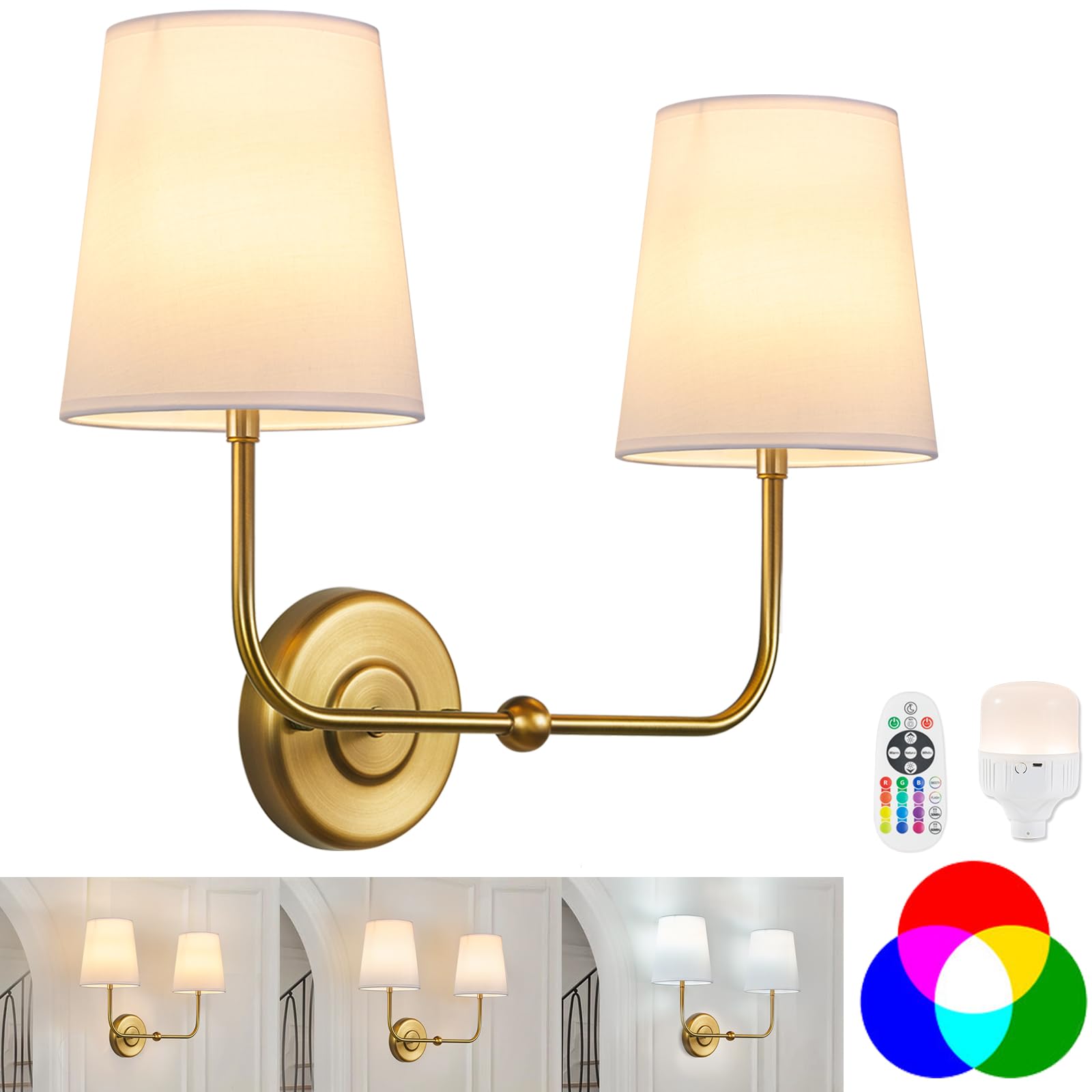 TERLEENART Battery Operated Double Wall Sconce, Wireless Rechargeable Battery Powered 2-Lights Fabric Sconces with Remote Control,Dimmable Sconce Wall Decor Lights for Vanity,Bedroom, Living Room