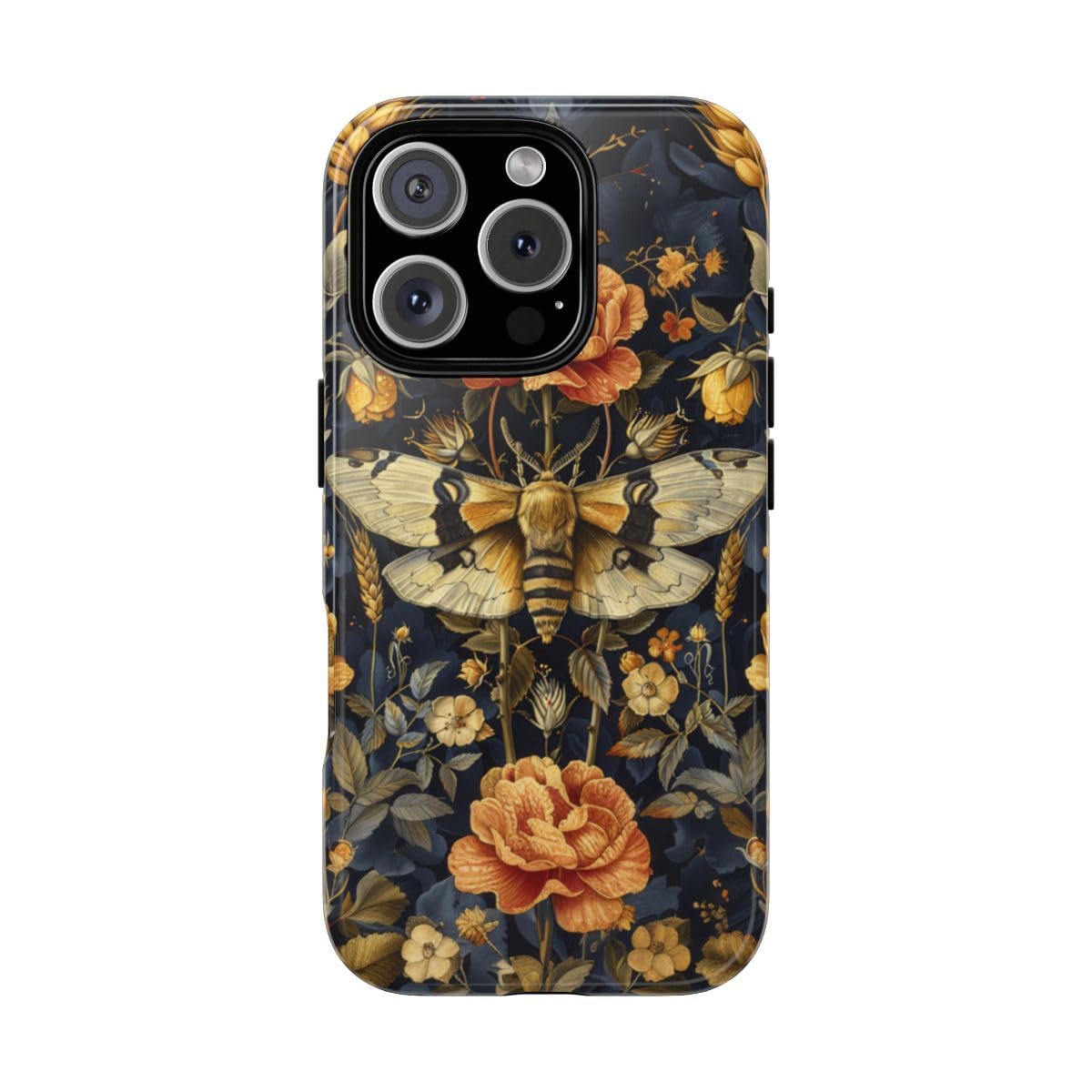 Coque iPhone 16 Pro rigide marine et motif floral doré chic - 5