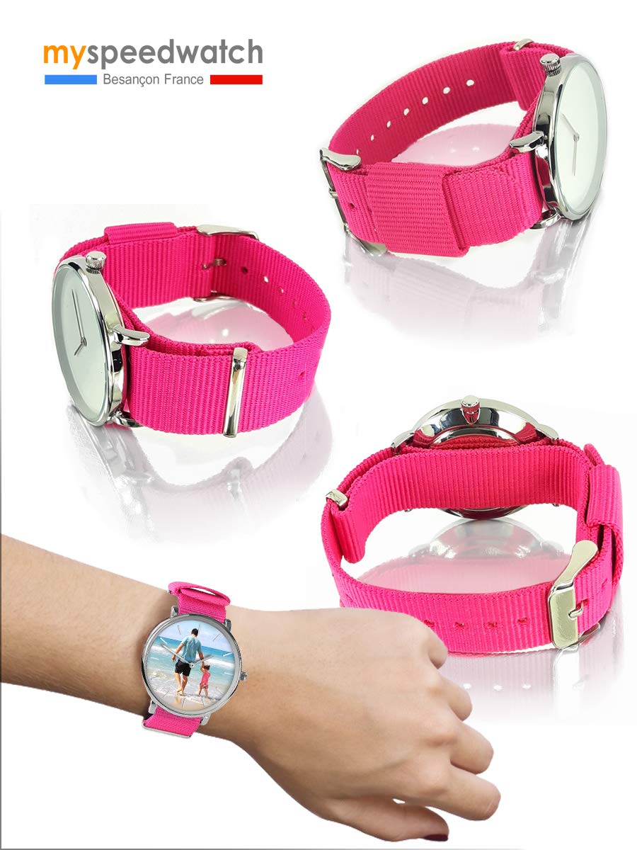 Reloj personalizable con una foto o un texto. Reloj mixto para hombre o mujer. Regalo personalizado. Pulsera trenzada NATO liso, colores de moda. Regalo único. Día del padre, Modelo mixto Ø 38 mm.