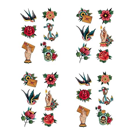 Anchor Skull Swallow Temporary Tattoo Sticker Waterproof Adult Men Women Hand Arm Shoulder Body Art 15X11cm Set of 4 (SF203)