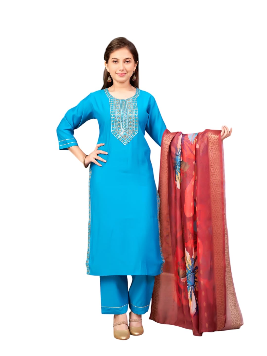 Aarika Girls Ethnic Wear Turqouise Colour Sequin Embroidery Silk Kurti Pant Set-10-15 Years (Kp-Sd-5993)