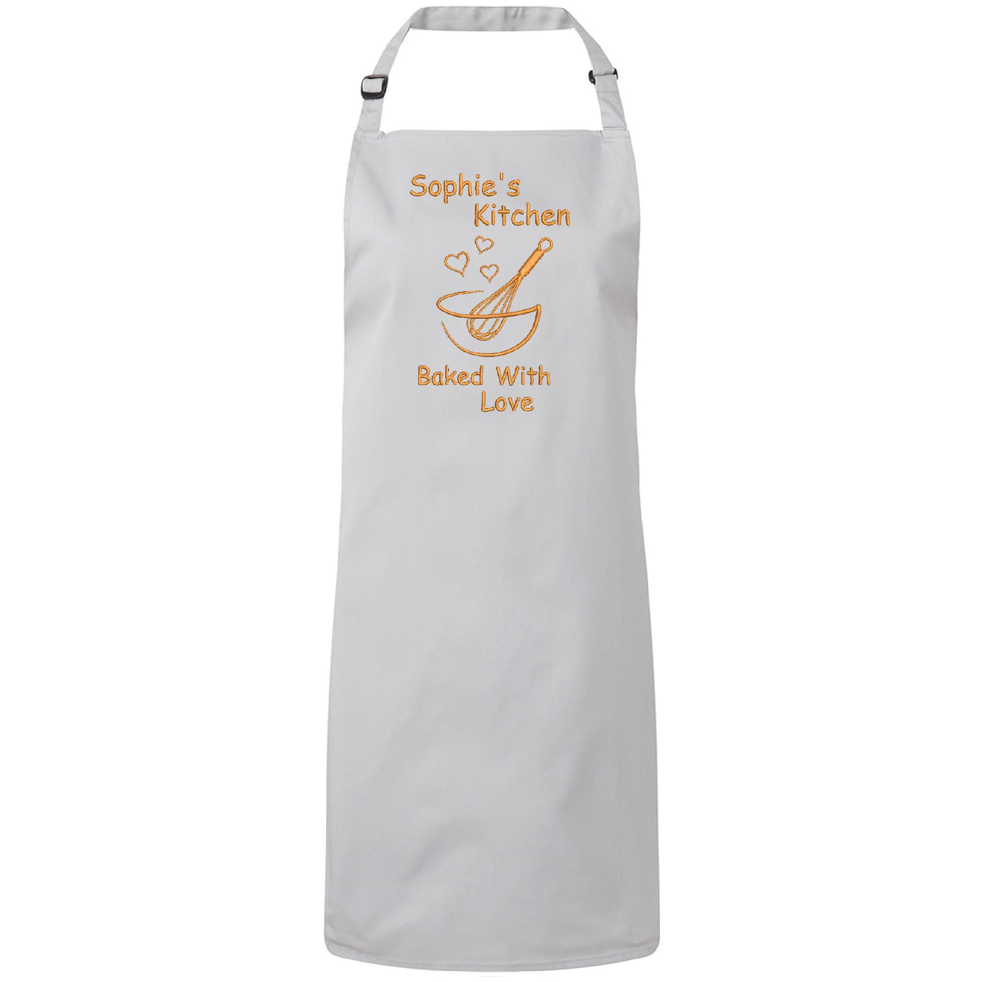 Embroidered Apron Personalised With Any Name, Embroidered Whisk & Bowl Design Unisex Apron avalable in 15 colours (Silver)