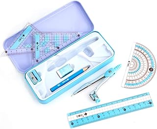 MeetUs 8 Piece Compass Math Set for Students with Shatterproof Storage Box, Geometry Set for School, Includes Ruler, Protractor, Compass, Pencil, Pencil Sharpener and Eraser, etc, xye8pc_SML