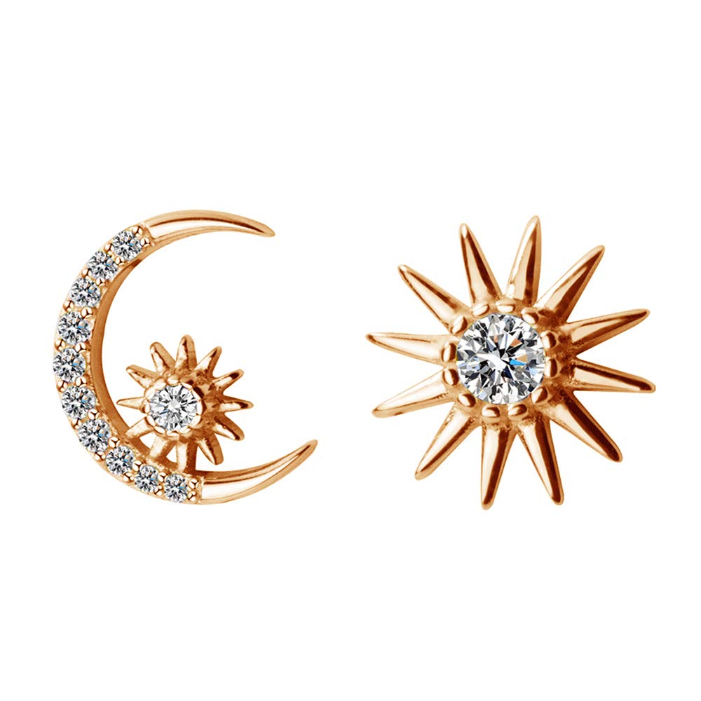 KokomaCrystal Star Crescent Moon Stud Earrings S925 Sterling Silver Dainty Clear CZ Diamond Sun Asymmetrical Ear Studs Piercing Earring Delicate Jewelry Gifts for Women Sensitive Ears