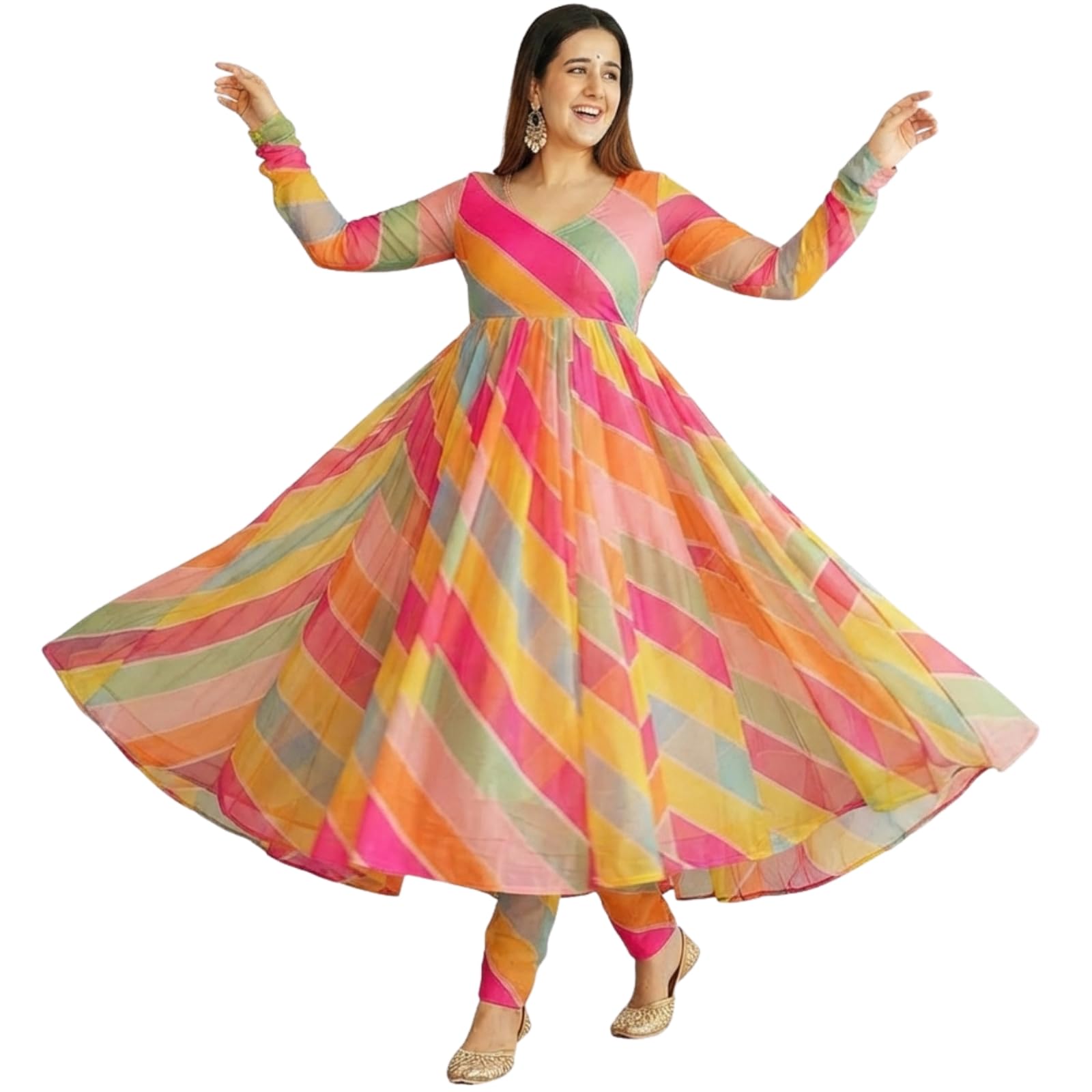 dream crushers Women's Fox Georgette Readymade Leheriya Gown Dress with Digital Print Knee Length A Line Style Round Neck and Full Sleeves-picture-10