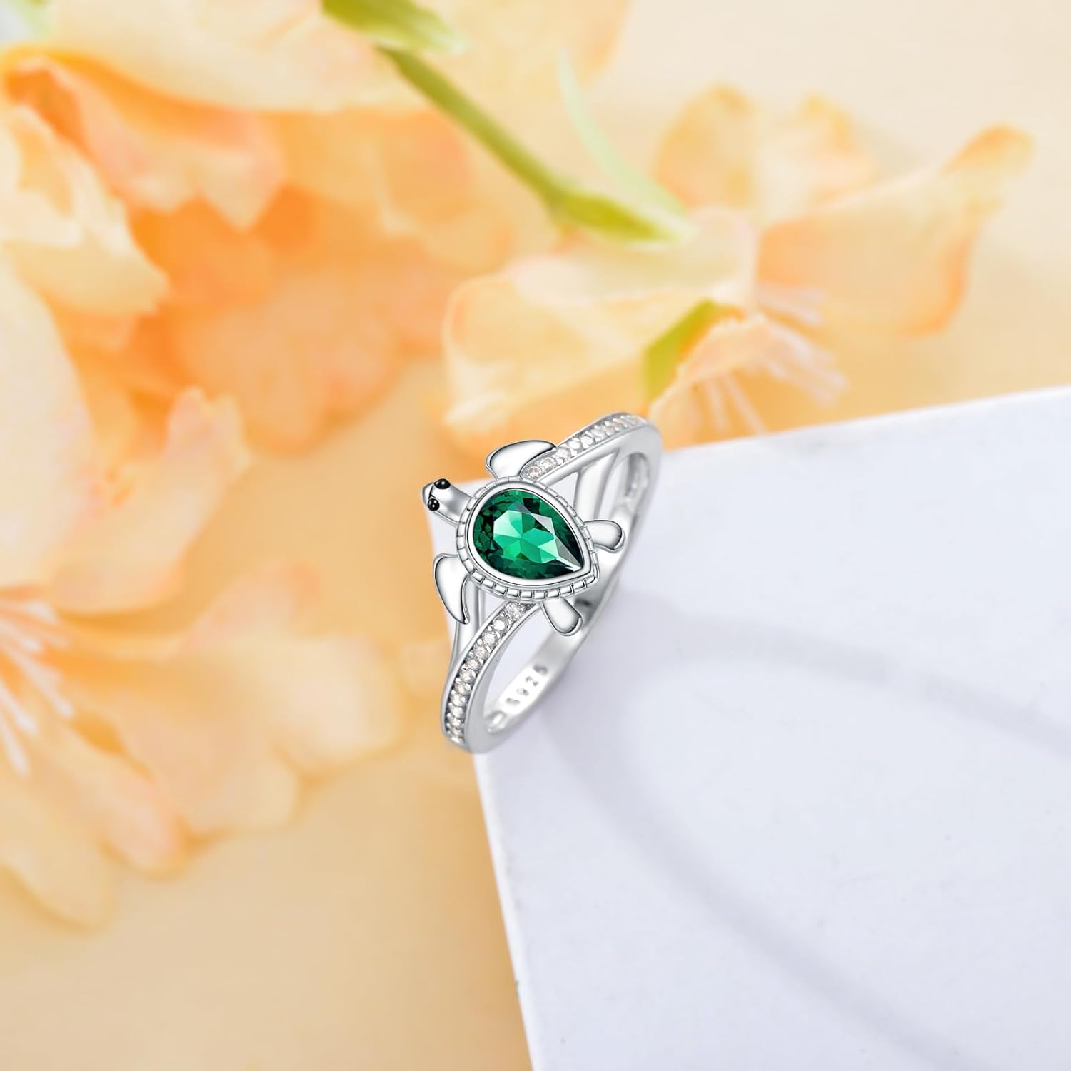 Sterling Silver Sea Turtle Ring - Emerald 6mm*4mm Pear Emerald Statement Ring for Women