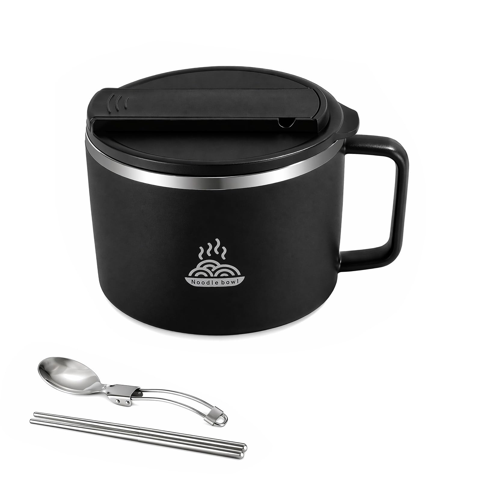 Stainless Steel Noodle Bowl, 1700ml Large Lid Foldable Cutlery Ramen Bowl