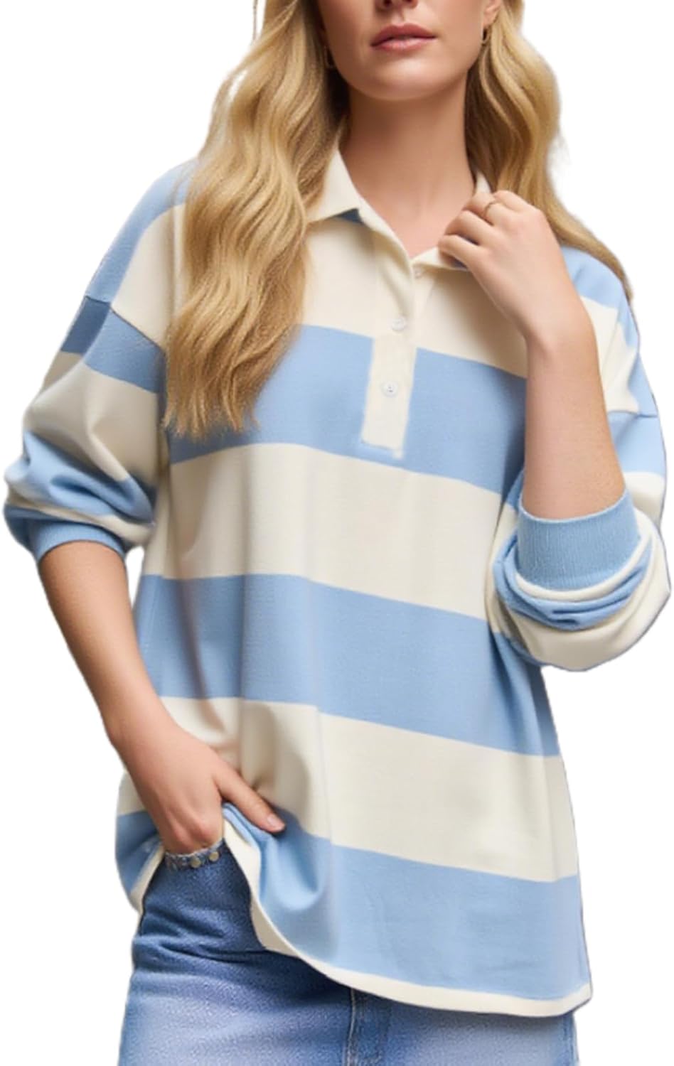 Amiblvowa Rugby Shirt Women Striped Collared Long Sleeve Polo Shirts Oversized Color Block Sweatshirt Vintage Pullover Top