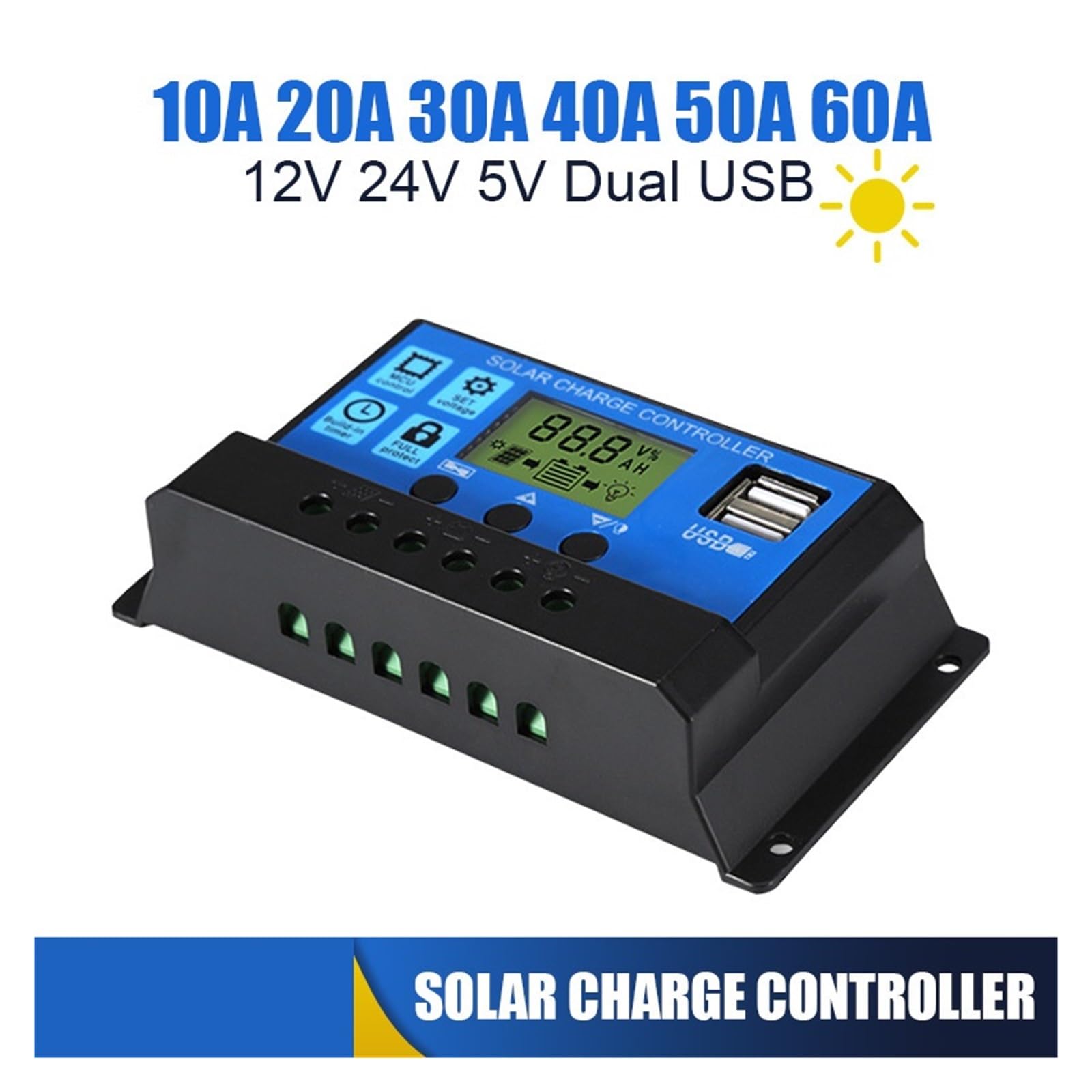 Controlador Solar PWM 60A 50A 40A 30A 20A 10A Controlador De Carga Y Descarga 12V 24V Regulador Solar LCD Automático Con USB Dual 5V Fácil Eficaz(60A)