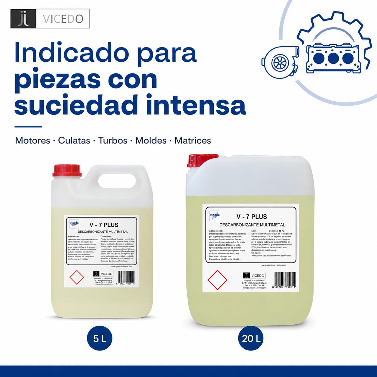 V-7 PLUS Descarbonizante para Ultrasonidos 20 L, Uso Directo, Multimetal, con Aditivo Potenciador, Elimina Carbonilla