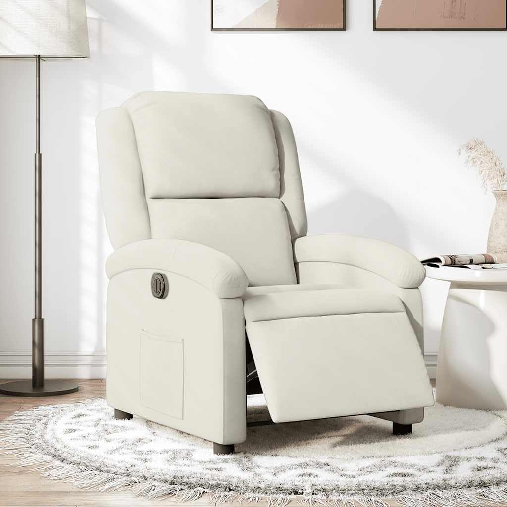 Poltrona relax elettrica in velluto color crema con poggiapiedi e schienale regolabile, comoda sedia imbottita per soggiorno, camera da letto, ufficio e salotto, con tasca laterale